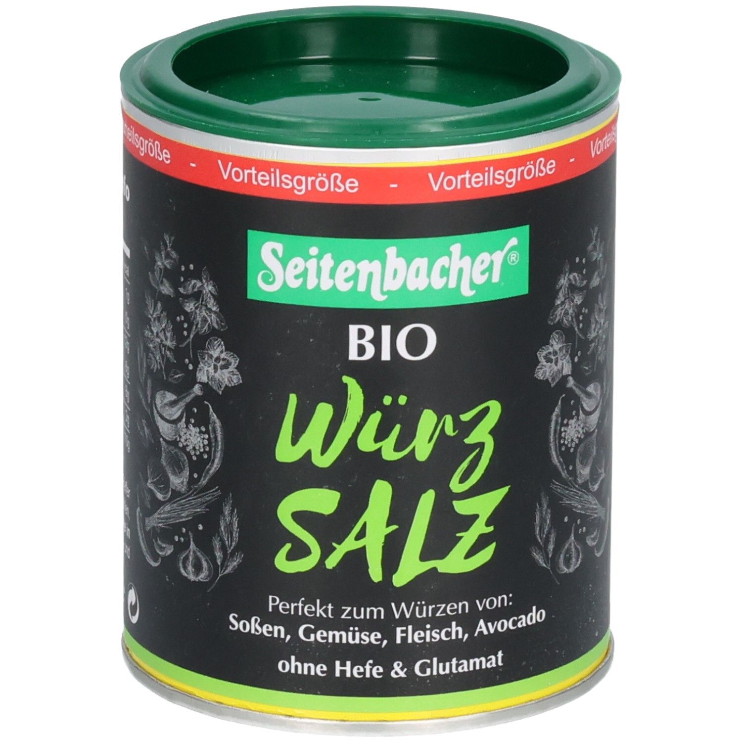 Dose mit grünem Deckel. Aufschrift: Seitenbacher BIO Würz SALZ. Perfekt zum Würzen von Soßen, Gemüse, Fleisch, Avocado. Ohne Hefe & Glutamat.