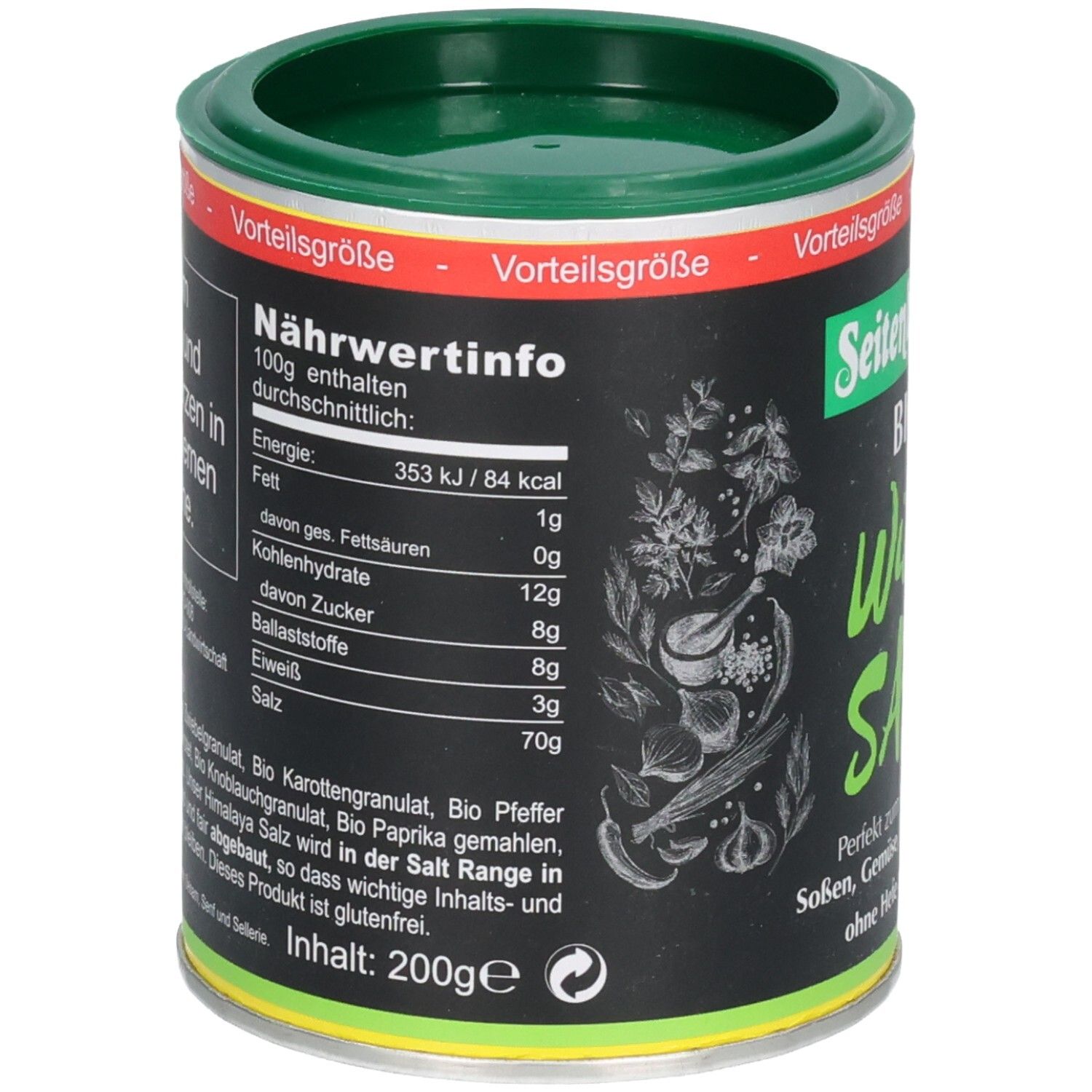 Dose mit Nährwertinformationen. Enthält 100g: Energie 353 kJ / 84 kcal, Fett 1g, Kohlenhydrate 12g, Zucker 0g, Ballaststoffe 8g, Eiweiß 8g, Salz 3g.