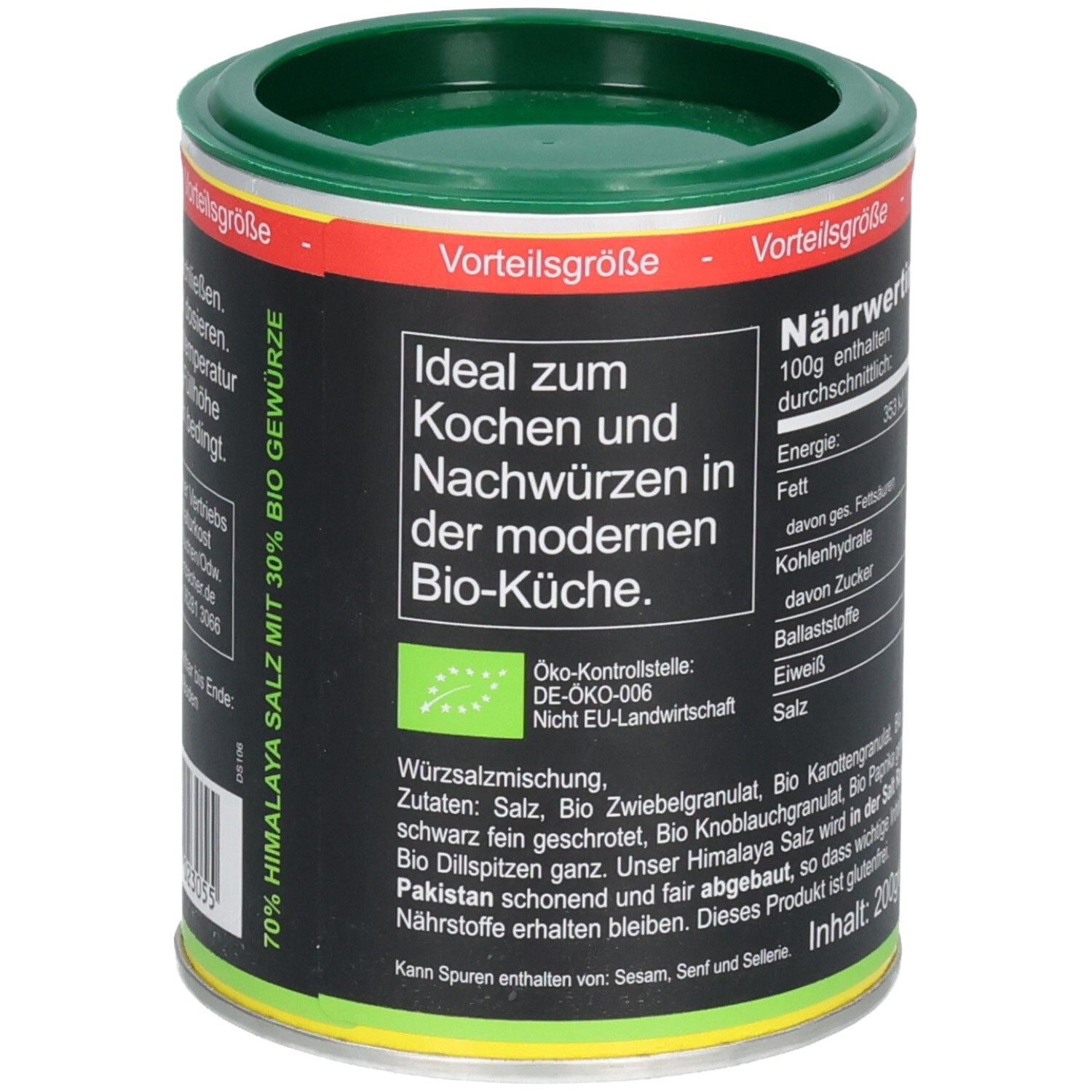 Dose mit Text: Ideal zum Kochen und Nachwürzen in der modernen Bio-Küche. Öko-Kontrollstelle DE-ÖKO-006. Nicht EU-Landwirtschaft. Inhalt: 200g.