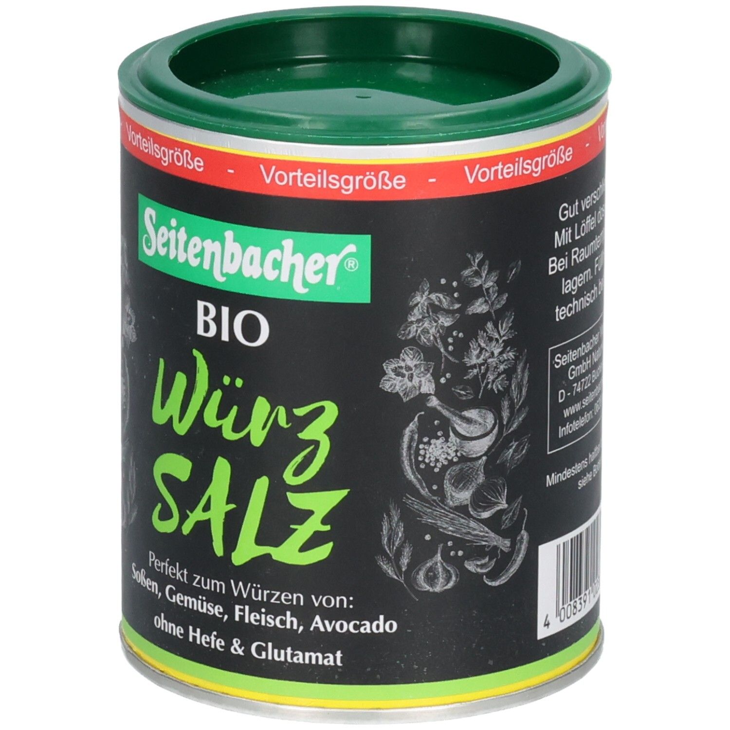 Dose mit grünem Deckel. Aufschrift: Seitenbacher BIO Würz SALZ. Perfekt zum Würzen von Soßen, Gemüse, Fleisch, Avocado. Ohne Hefe & Glutamat.
