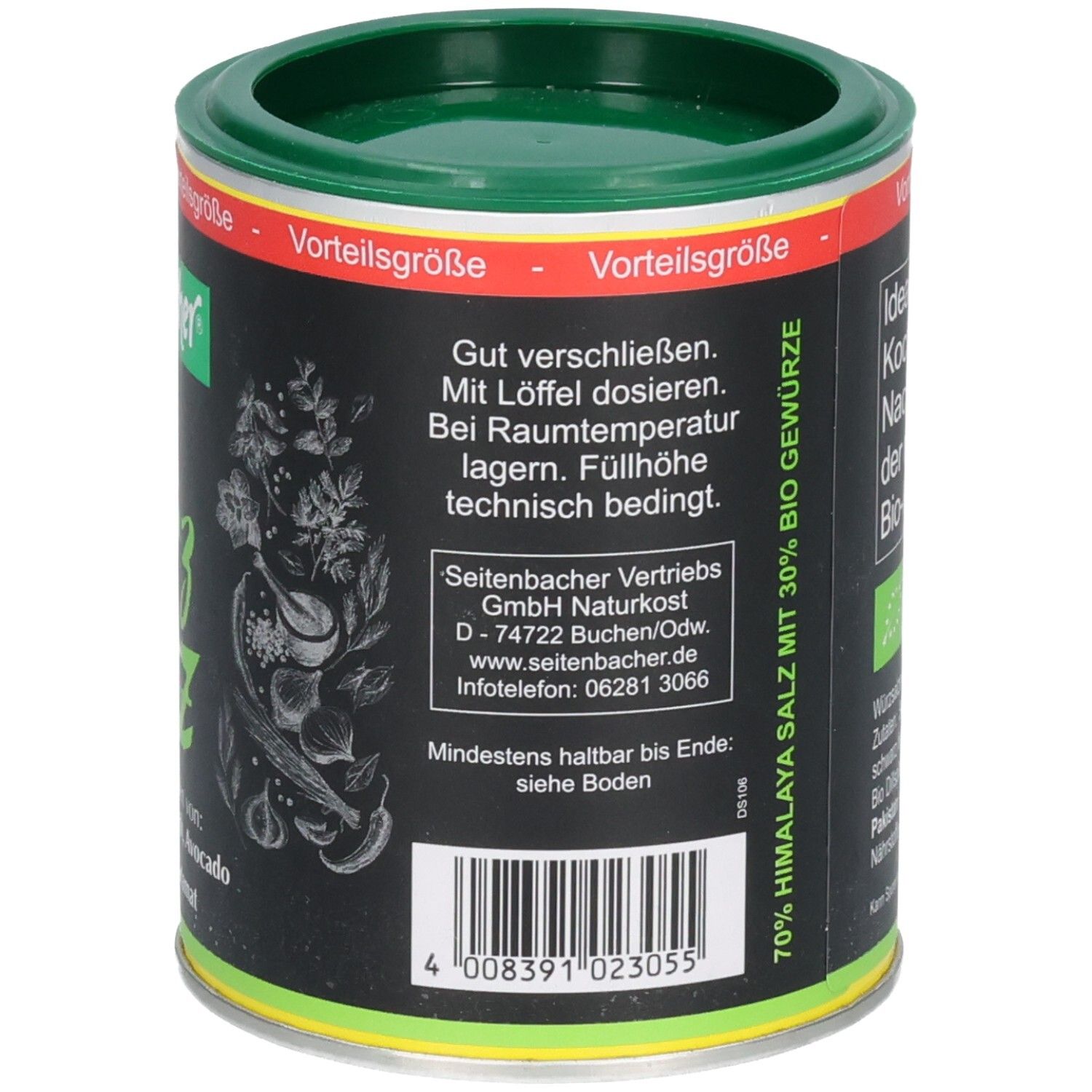 Dose mit Text: Gut verschließen. Mit Löffel dosieren. Bei Raumtemperatur lagern. Füllhöhe technisch bedingt. 70% Himalaya Salz mit 30% Bio Gewürze.