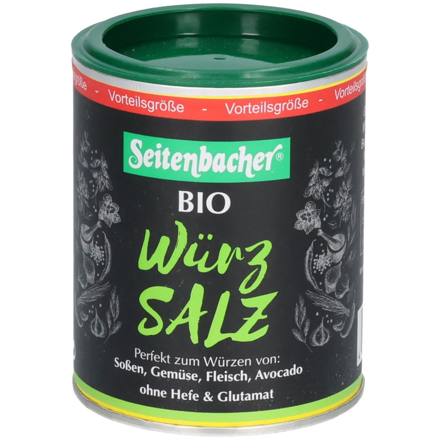 Dose mit grünem Deckel. Aufschrift: Seitenbacher BIO Würz SALZ. Perfekt zum Würzen von Soßen, Gemüse, Fleisch, Avocado. Ohne Hefe & Glutamat.