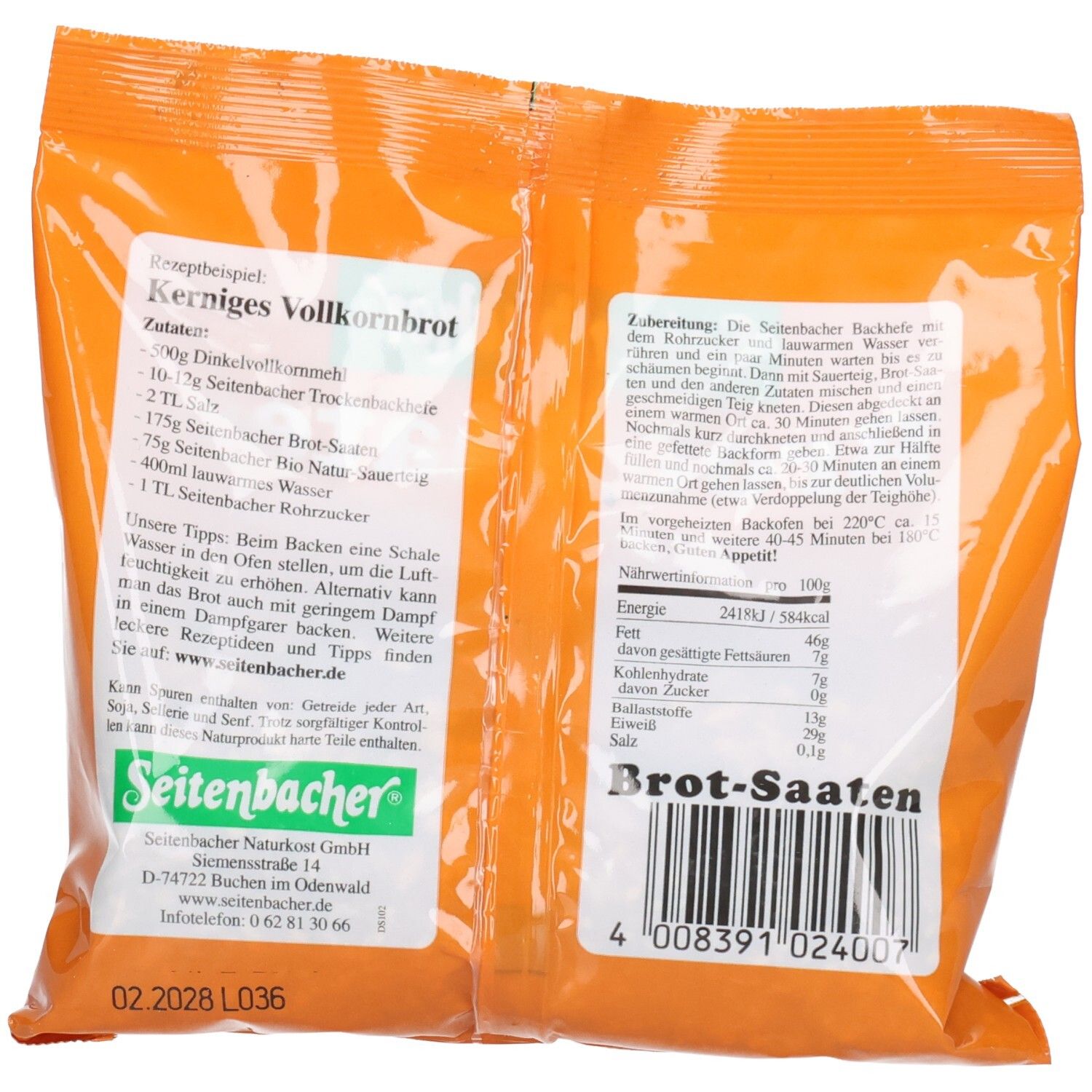 Rückseite der Verpackung mit Rezept und Nährwertangaben. Aufdruck: Seitenbacher, Brot-Saaten. Mindesthaltbarkeit: Siehe Rückseite.