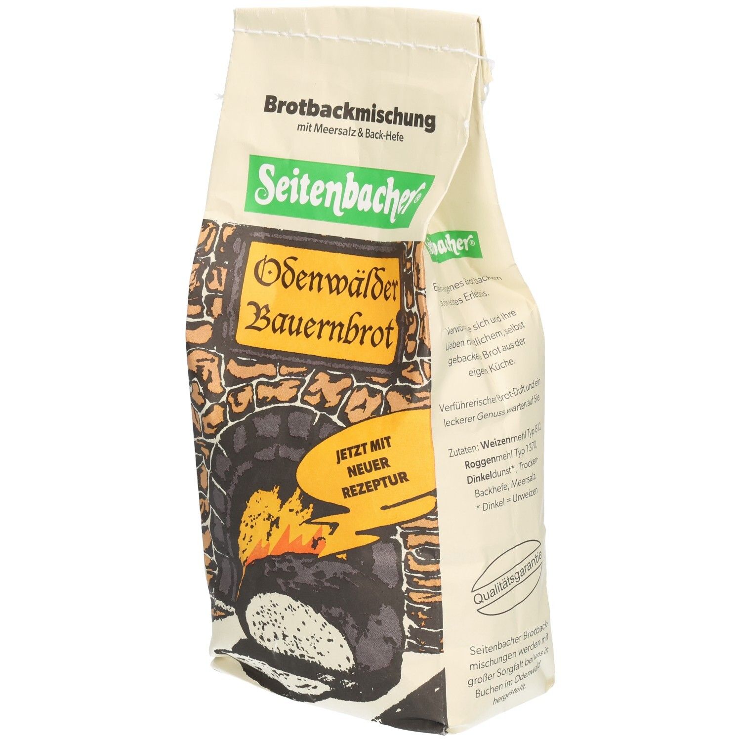 Verpackung Seitenbacher Odenwälder Bauernbrot. Mischung mit Meersalz und Back-Hefe. Abbildung eines Ofens mit Brot.
