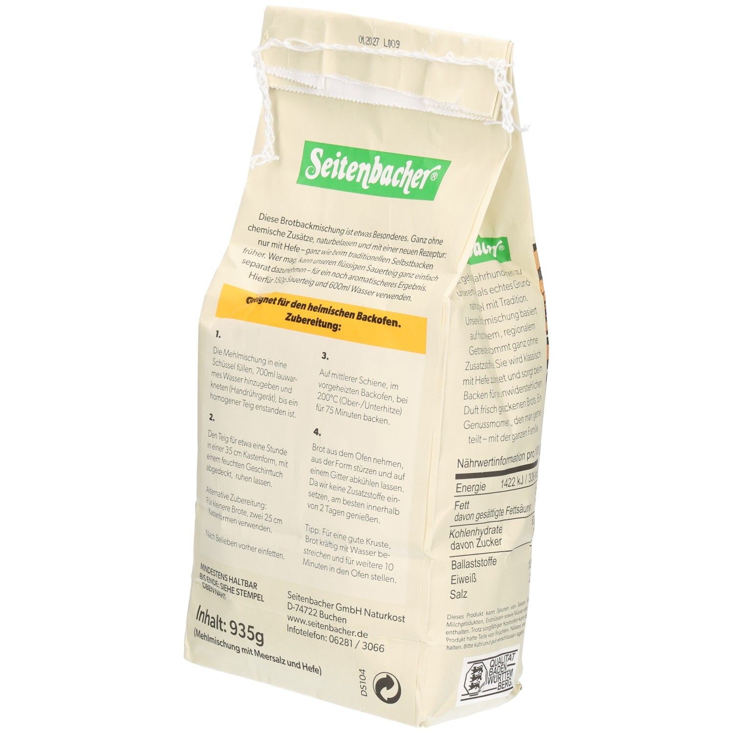 Rückseite der Verpackung Seitenbacher Odenwälder Bauernbrot. Zubereitungshinweise. Mischung mit Meersalz und Back-Hefe. Inhalt: 935g.