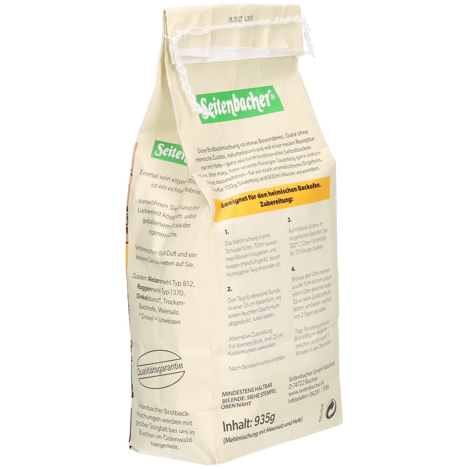 Rückseite der Verpackung Seitenbacher Odenwälder Bauernbrot. Zubereitungshinweise. Mischung mit Meersalz und Back-Hefe. Inhalt: 935g.