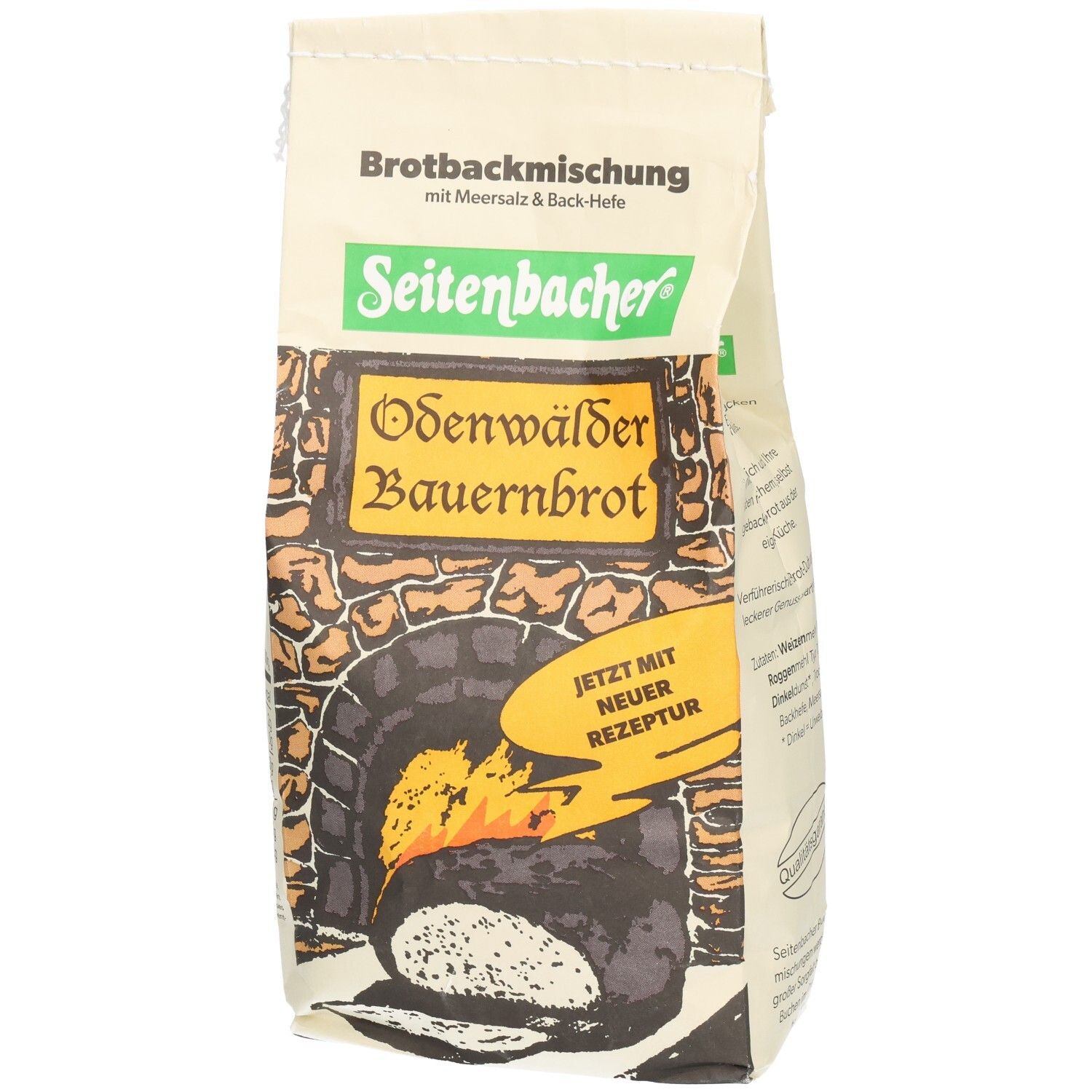 Verpackung Seitenbacher Odenwälder Bauernbrot. Mischung mit Meersalz und Back-Hefe. Abbildung eines Ofens mit Brot.