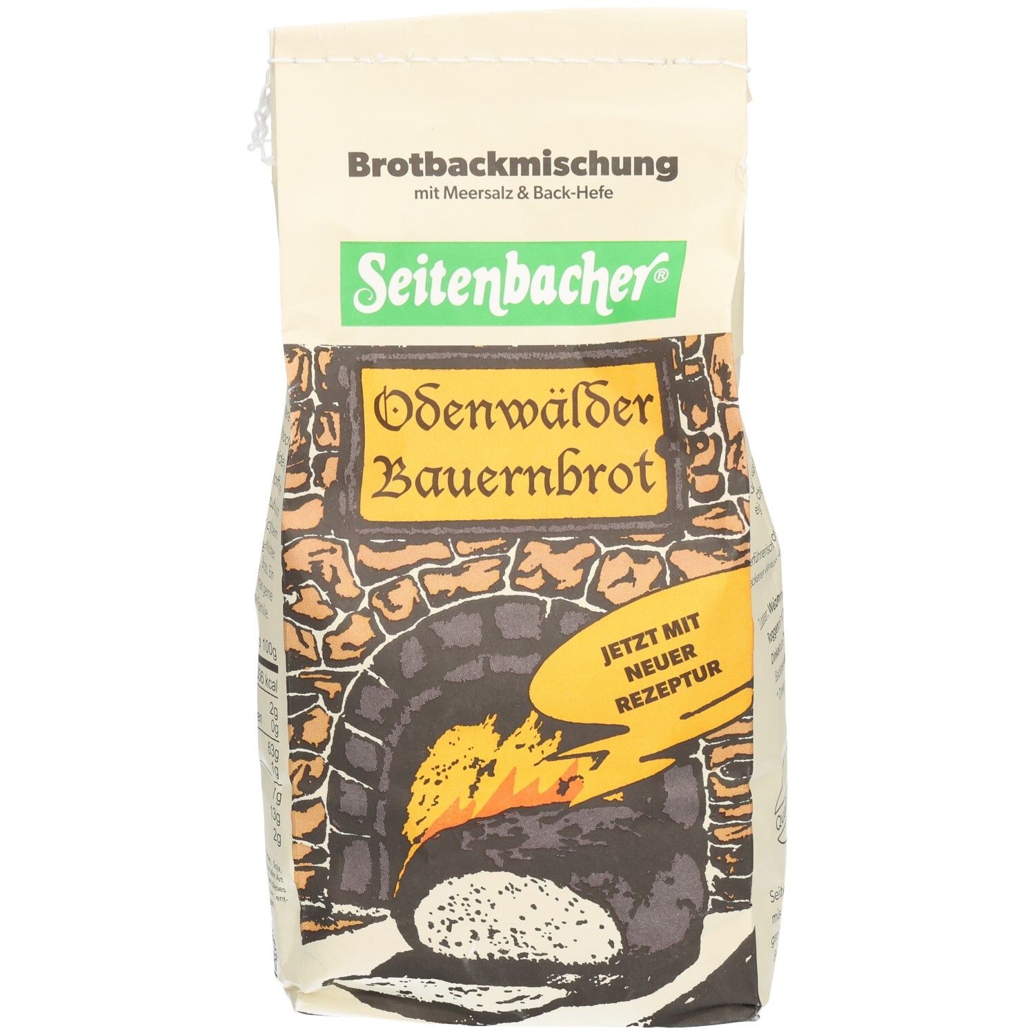 Verpackung Seitenbacher Odenwälder Bauernbrot. Mischung mit Meersalz und Back-Hefe. Abbildung eines Ofens mit Brot.