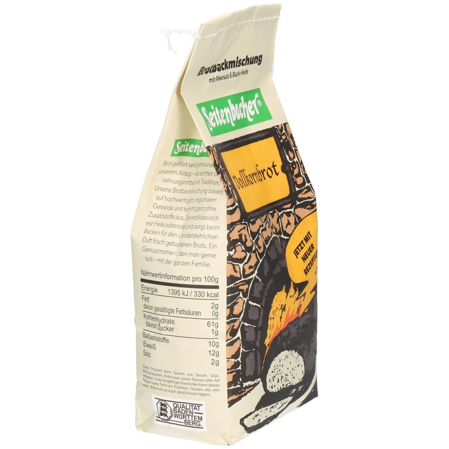 Seitenbacher Vollkornbrot Verpackung, Seitenansicht. Aufdruck: Nährwertinformationen, Zutaten. Siegel: Qualitätsgarantie.