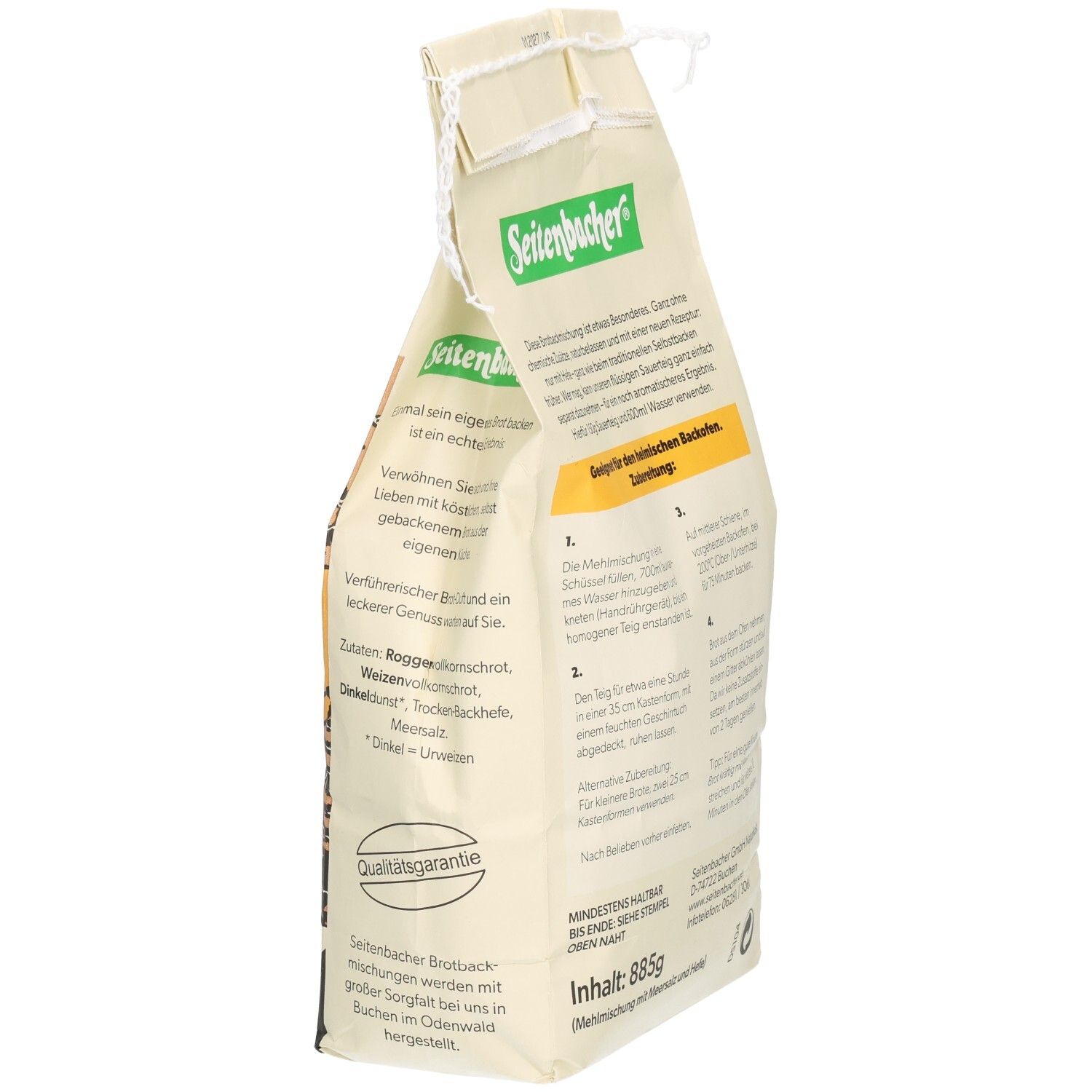 Seitenbacher Vollkornbrot Verpackung, Seitenansicht. Aufdruck: Zutaten, Zubereitungshinweise, Qualitätsgarantie.