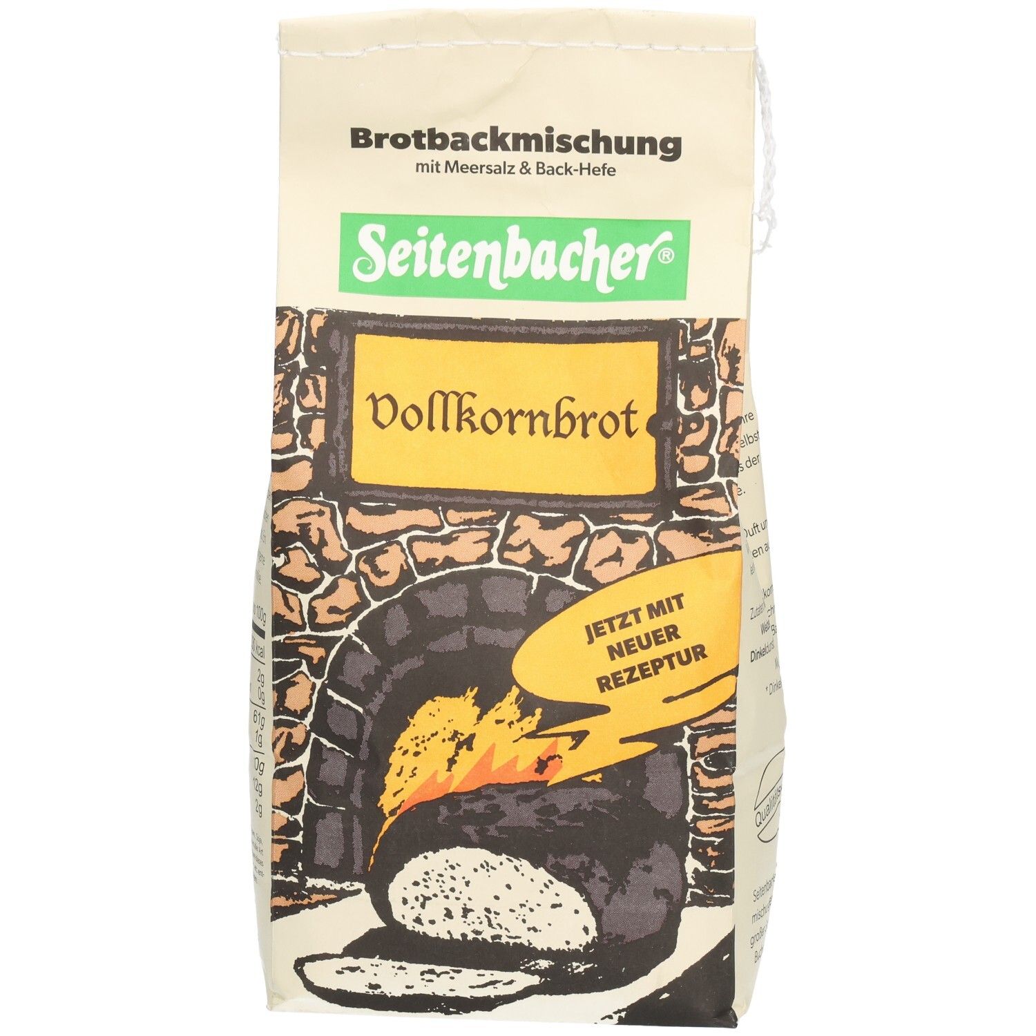 Vorderseite der Seitenbacher Vollkornbrot Verpackung. Aufdruck: Brotbackmischung, Vollkornbrot, Jetzt mit neuer Rezeptur. Ofen-Illustration.