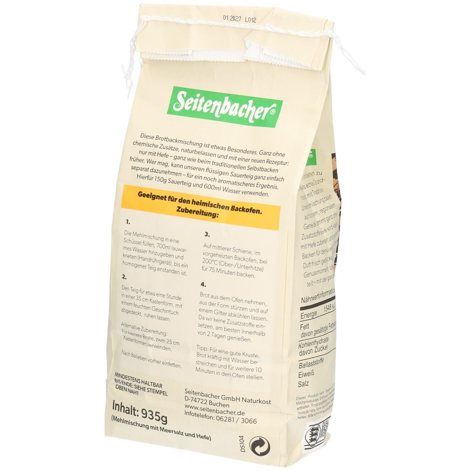 Rückseite des Seitenbacher Dinkelbrot Beutels. Zubereitungshinweise, Nährwertangaben, Logo. Text: Brotbackmischung mit Meersalz & Back-Hefe.