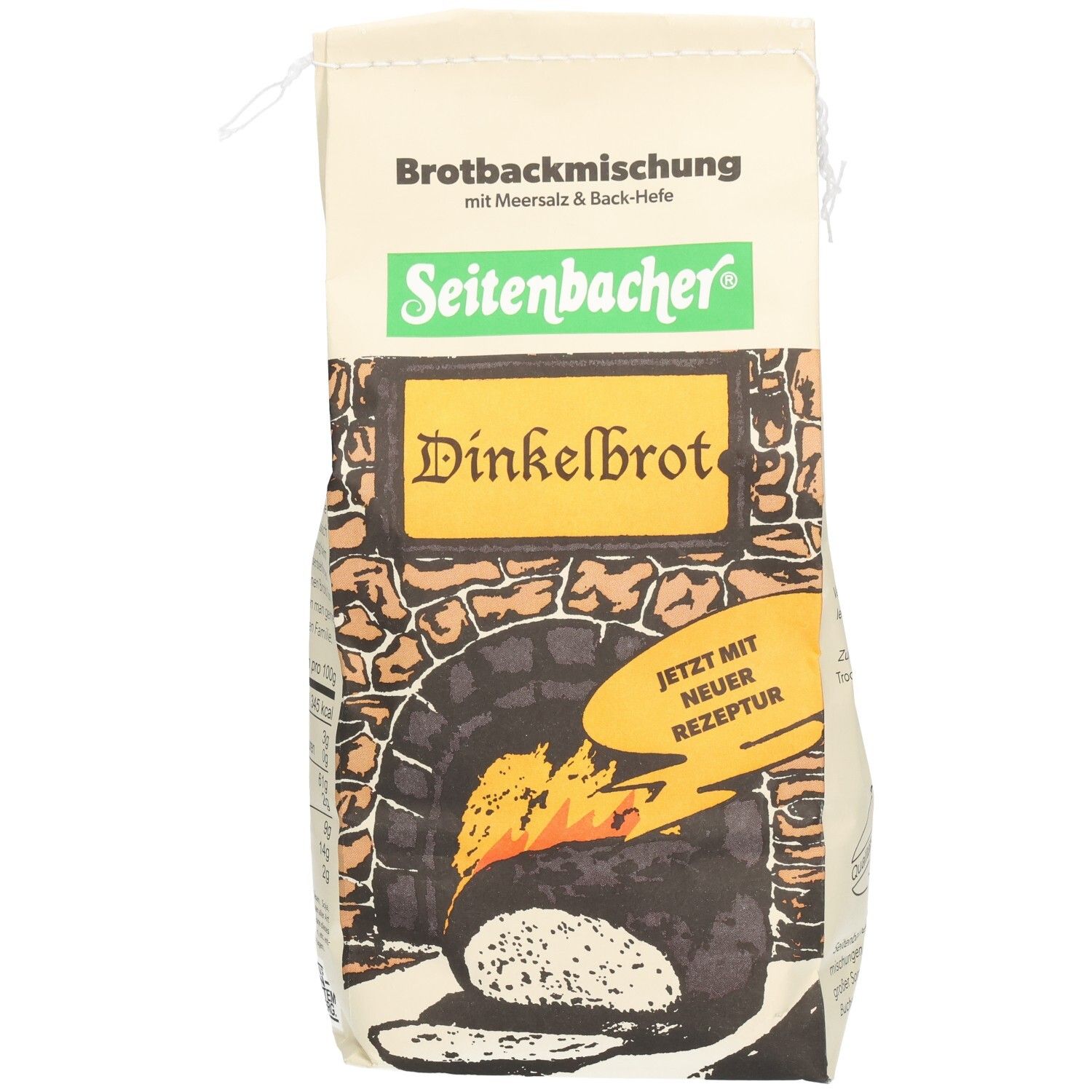 Beutel mit Seitenbacher Dinkelbrot Backmischung. Logo, Produktname und Ofen-Illustration. Text: Brotbackmischung mit Meersalz & Back-Hefe.