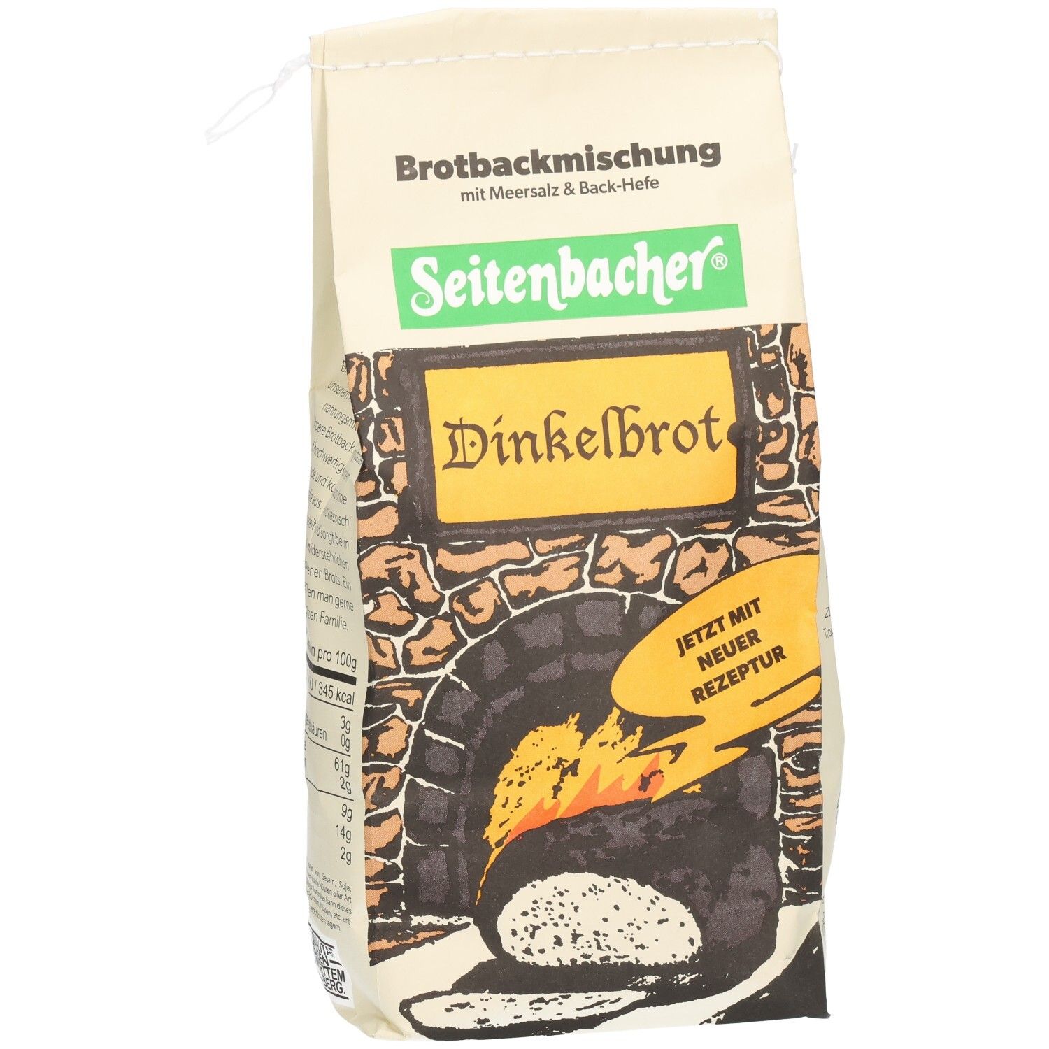 Seitenbacher Dinkelbrot Backmischung Beutel. Logo, Produktname und Ofen-Illustration. Text: Brotbackmischung mit Meersalz & Back-Hefe.
