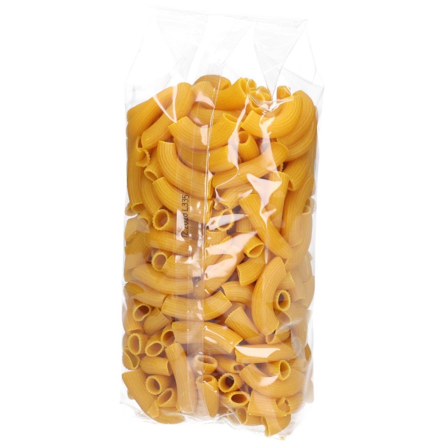 Klare Plastiktüte mit Seitenbacher Dinkel Hörnle Nudeln. Die Nudeln sind gebogen und gelb. Ansicht von hinten.