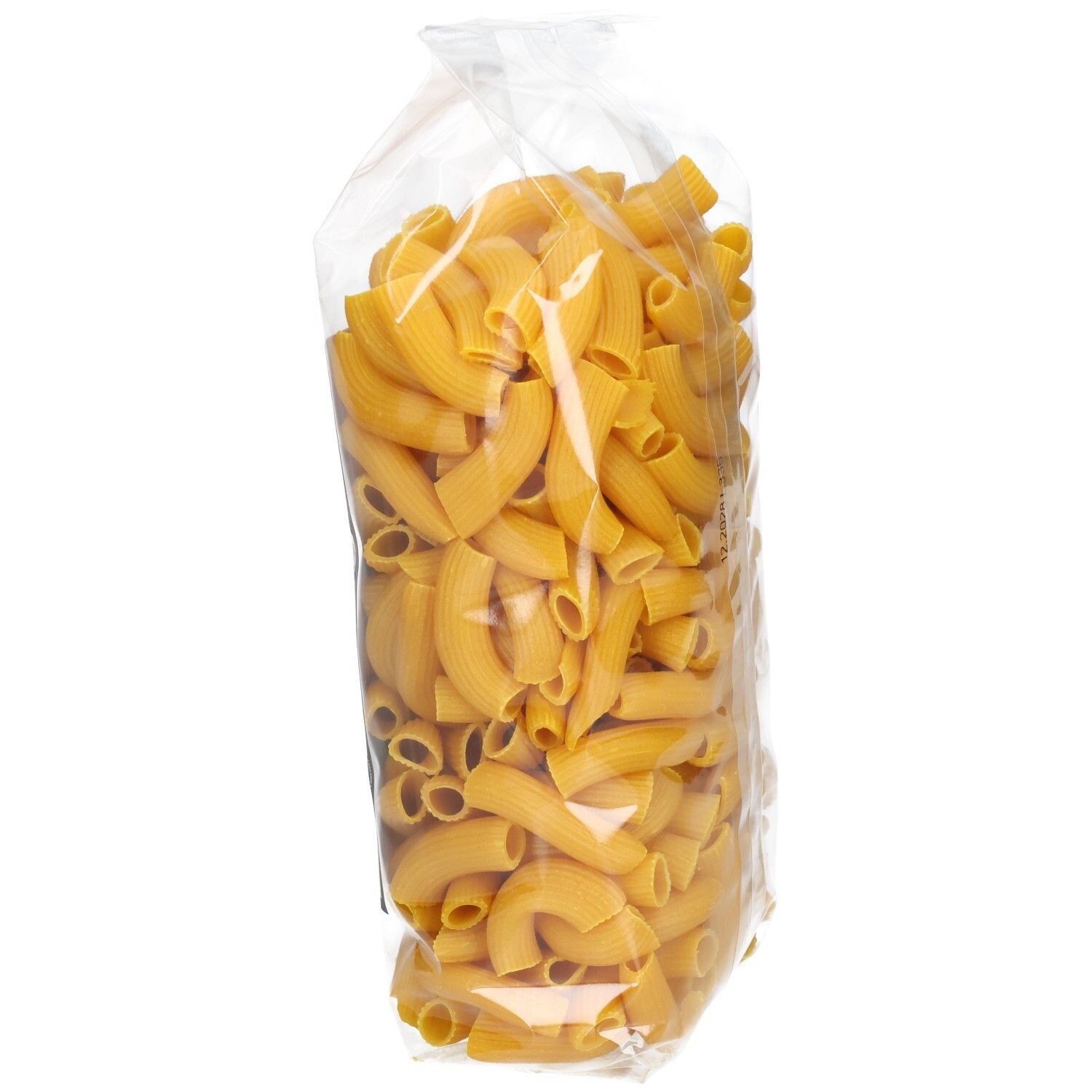 Klare Plastiktüte mit Seitenbacher Dinkel Hörnle Nudeln. Die Nudeln sind gebogen und gelb. Ansicht von der Seite.