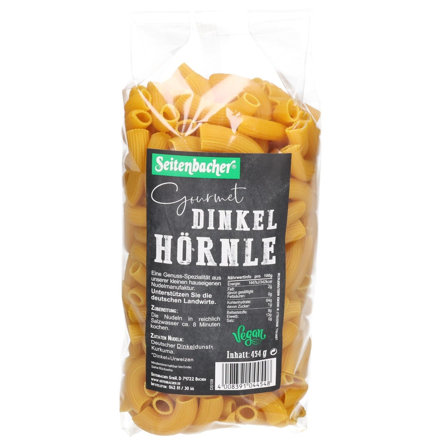 Klare Plastiktüte mit Seitenbacher Dinkel Hörnle Nudeln. Aufdruck: Gourmet, Vegan-Siegel, Nährwertangaben, Inhalt 454 g.