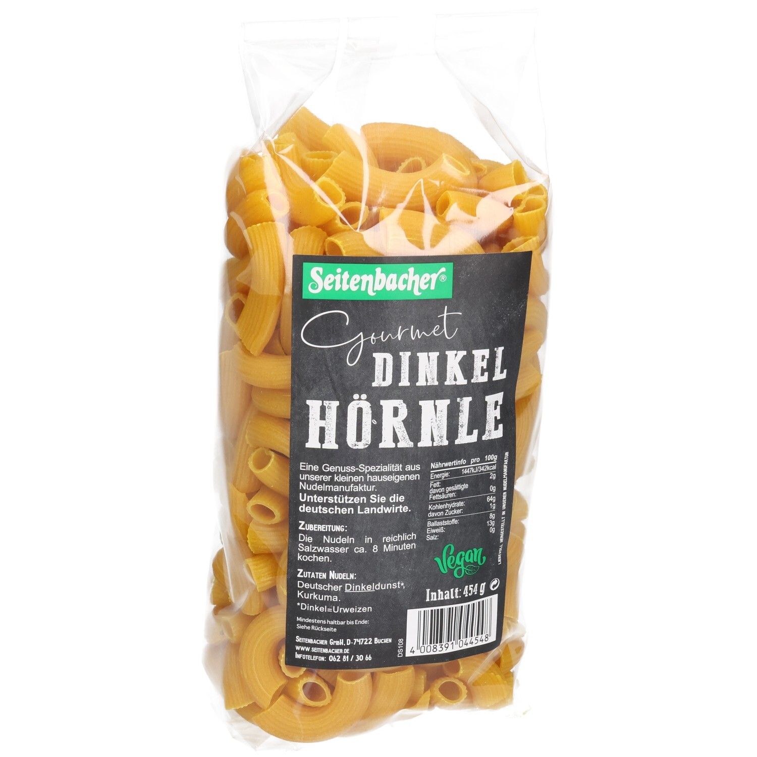 Klare Plastiktüte mit Seitenbacher Dinkel Hörnle Nudeln. Aufdruck: Gourmet, Vegan-Siegel, Nährwertangaben, Inhalt 454 g.