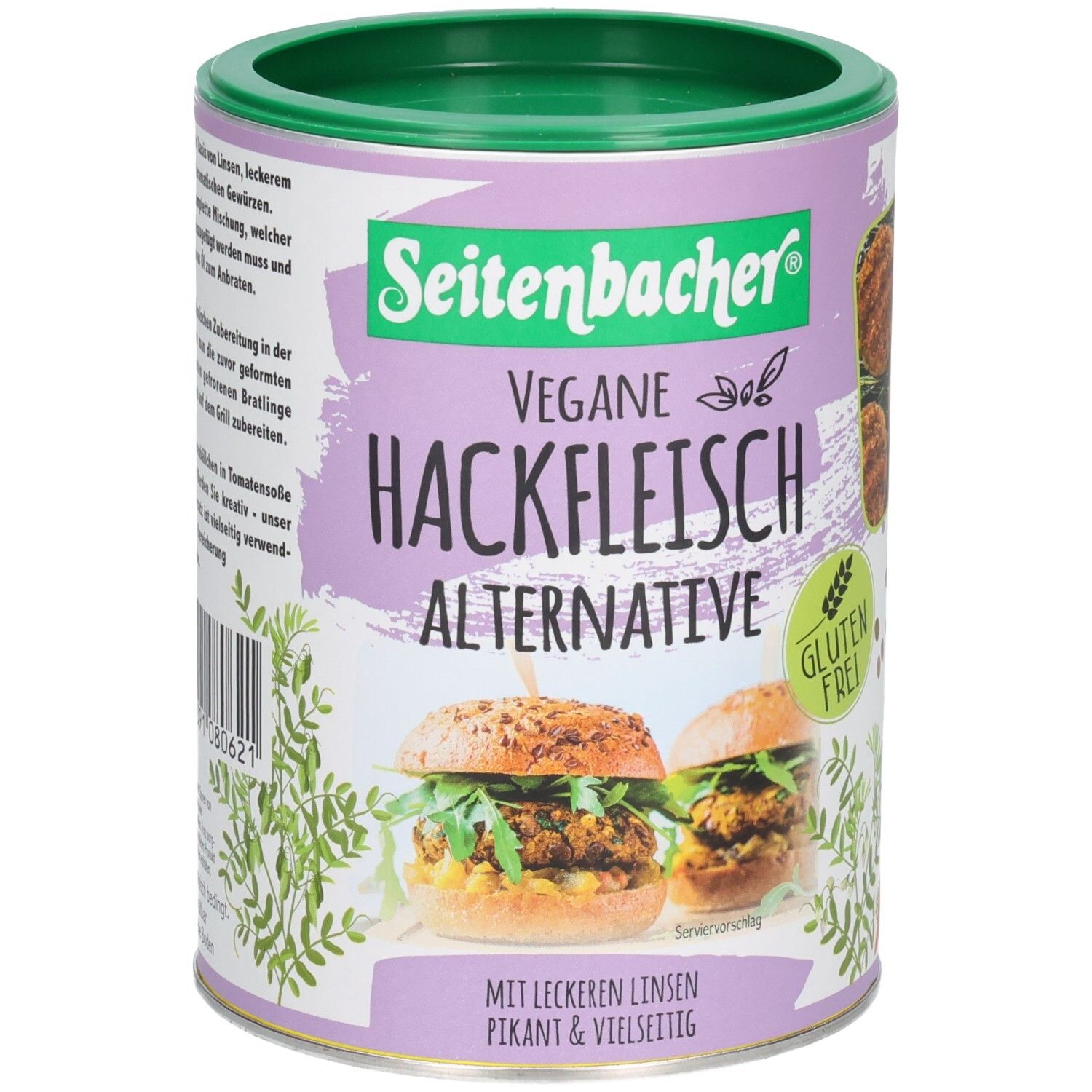 Zylindrische Dose mit grünem Deckel. Aufschrift: Seitenbacher Vegane Hackfleisch Alternative. Glutenfrei-Siegel. Abbildung von Burgern.