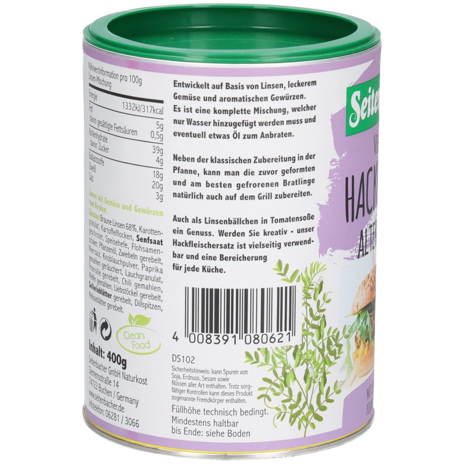 Rückseite der Dose. Text mit Nährwertangaben und Zutatenliste. Barcode und Clean Food-Siegel. Herstelleradresse.