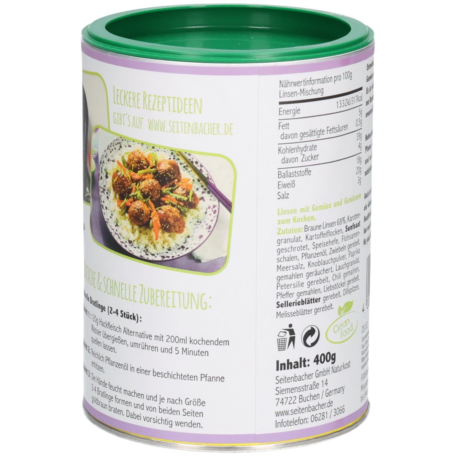 Dose mit Rezeptvorschlägen. Abbildung von Linsen-Gemüse-Bällchen. Nährwertangaben. Inhalt: 400g. Herstelleradresse.