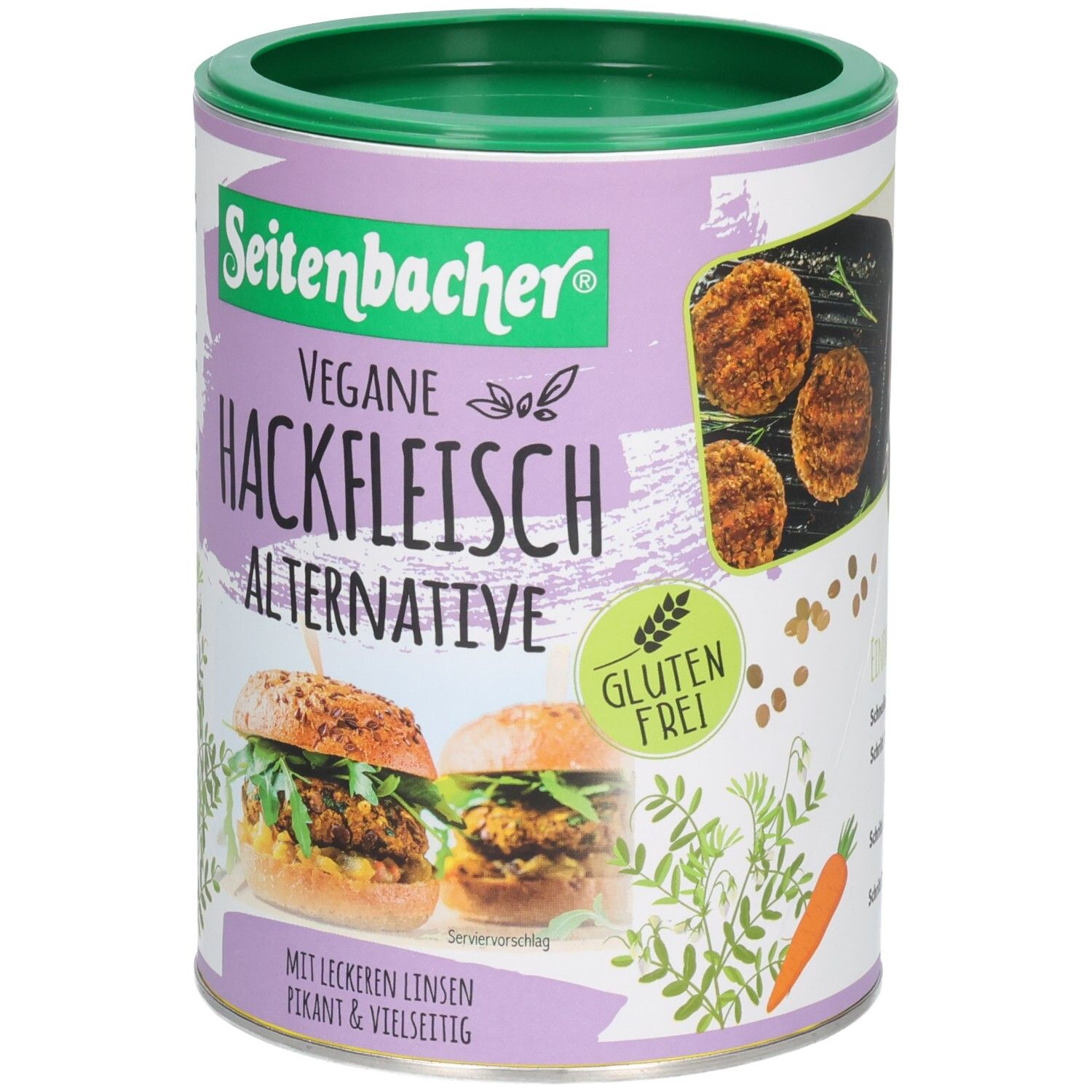 Zylindrische Dose mit grünem Deckel. Aufschrift: Seitenbacher Vegane Hackfleisch Alternative. Glutenfrei-Siegel. Abbildung von Burgern.