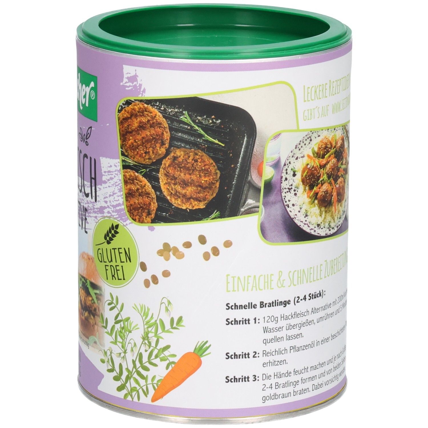 Dose mit Rezeptvorschlägen. Abbildung von Bratlingen in Pfanne. Einfache & schnelle Zubereitung. Glutenfrei-Siegel. Karotte.