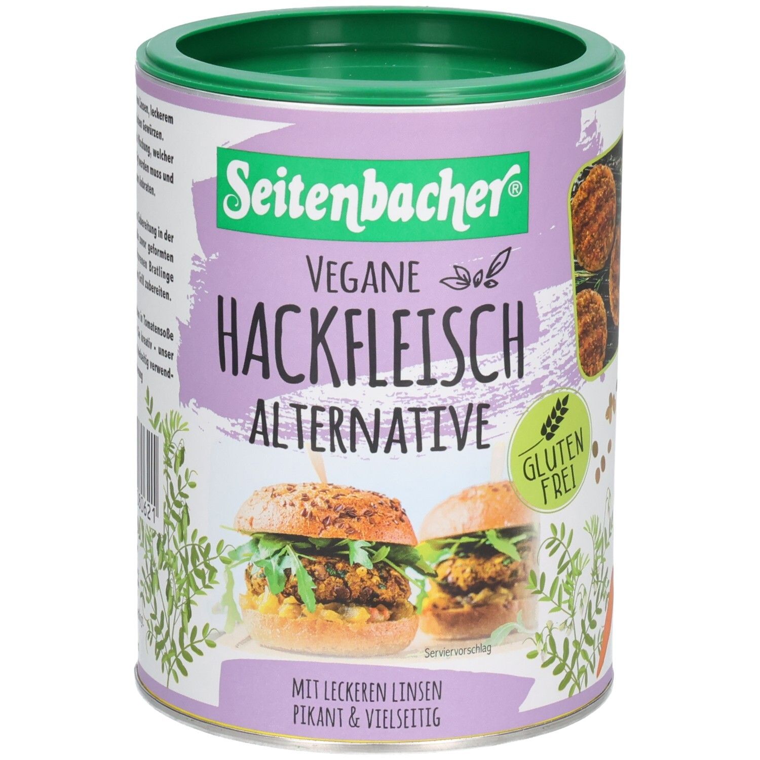 Zylindrische Dose mit grünem Deckel. Aufschrift: Seitenbacher Vegane Hackfleisch Alternative. Glutenfrei-Siegel. Abbildung von Burgern.