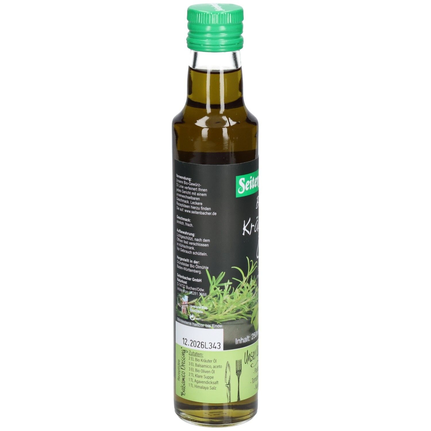 Grüne Glasflasche mit grünem Deckel. Etikett mit Produktinformationen und Kräuterabbildung. Aufschrift: Bio Kräuter Öl.