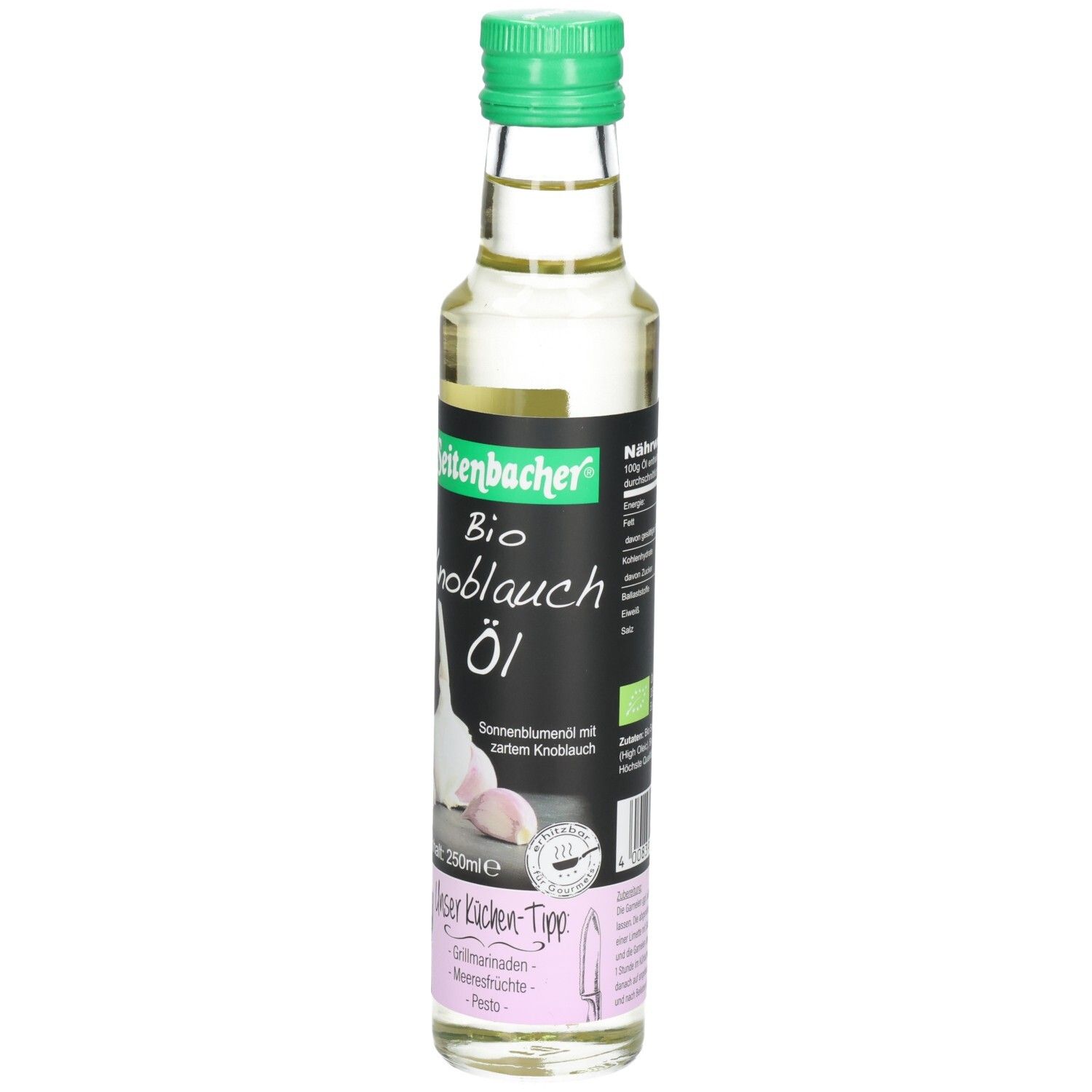Glasflasche mit grünem Deckel. Etikett mit "Seitenbacher Bio Knoblauch Öl", Knoblauch-Illustration und Text. Inhalt: 250ml.