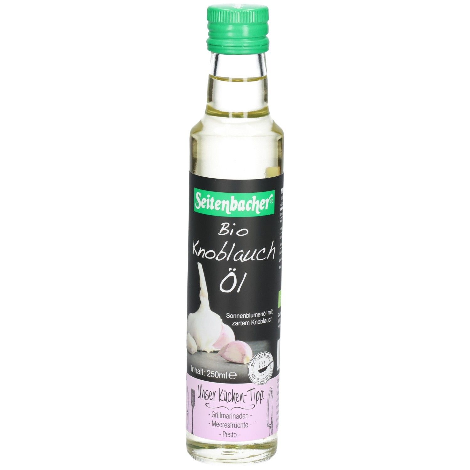 Glasflasche mit grünem Deckel. Etikett mit "Seitenbacher Bio Knoblauch Öl", Knoblauch-Illustration und Text. Inhalt: 250ml.