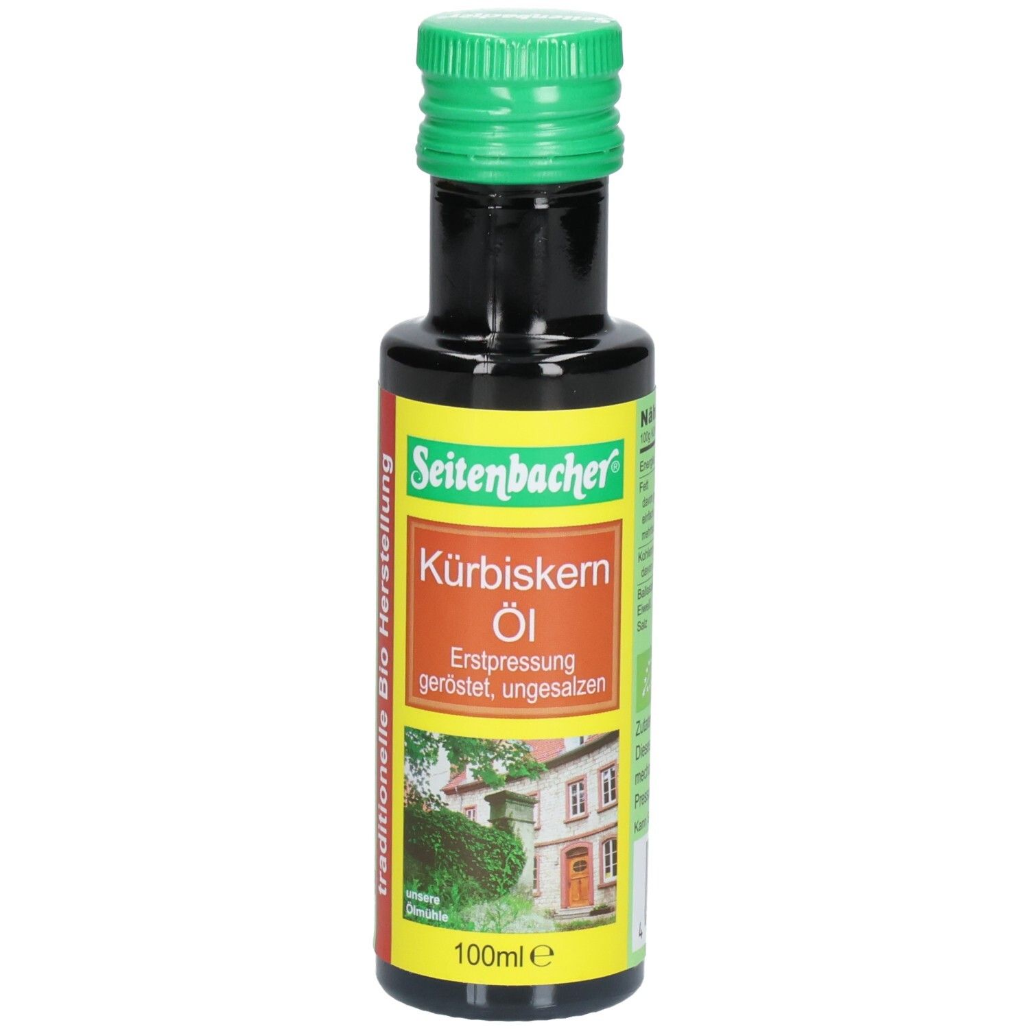 Braune Glasflasche mit grünem Deckel. Etikett mit Produktname und Logo. "Bio Kürbiskern Öl" und "Seitenbacher" sind sichtbar.