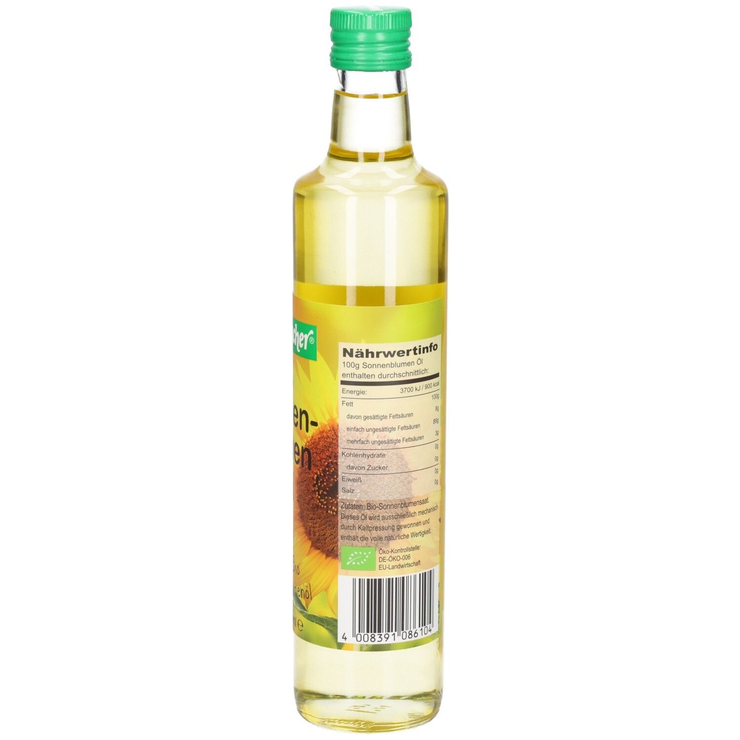 Seitenansicht der Glasflasche. Etikett mit Nährwertinformationen und Bio-Siegel.