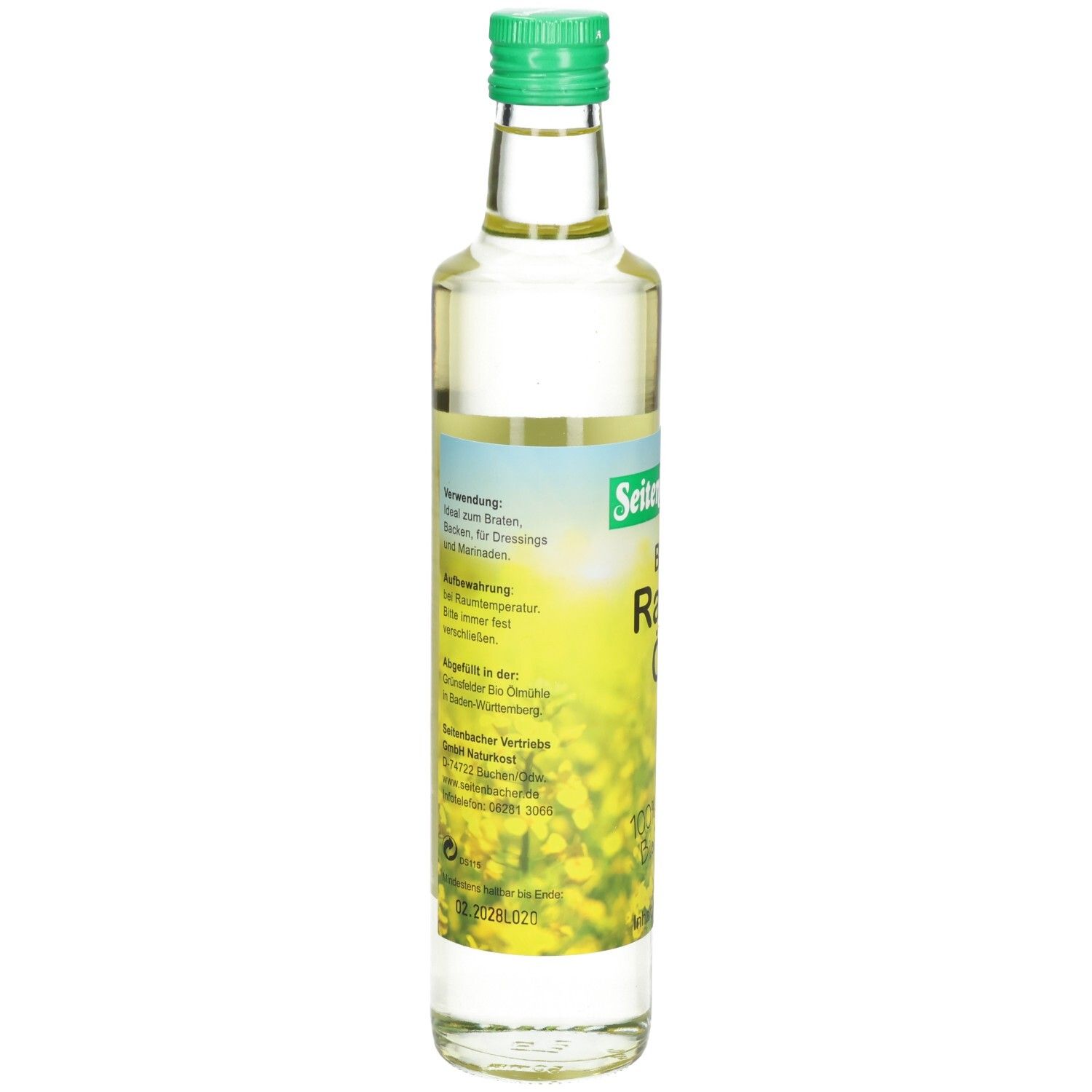Glasflasche mit grünem Deckel. Etikett mit Text und gelben Blüten. Rückseite mit Informationen zur Verwendung.