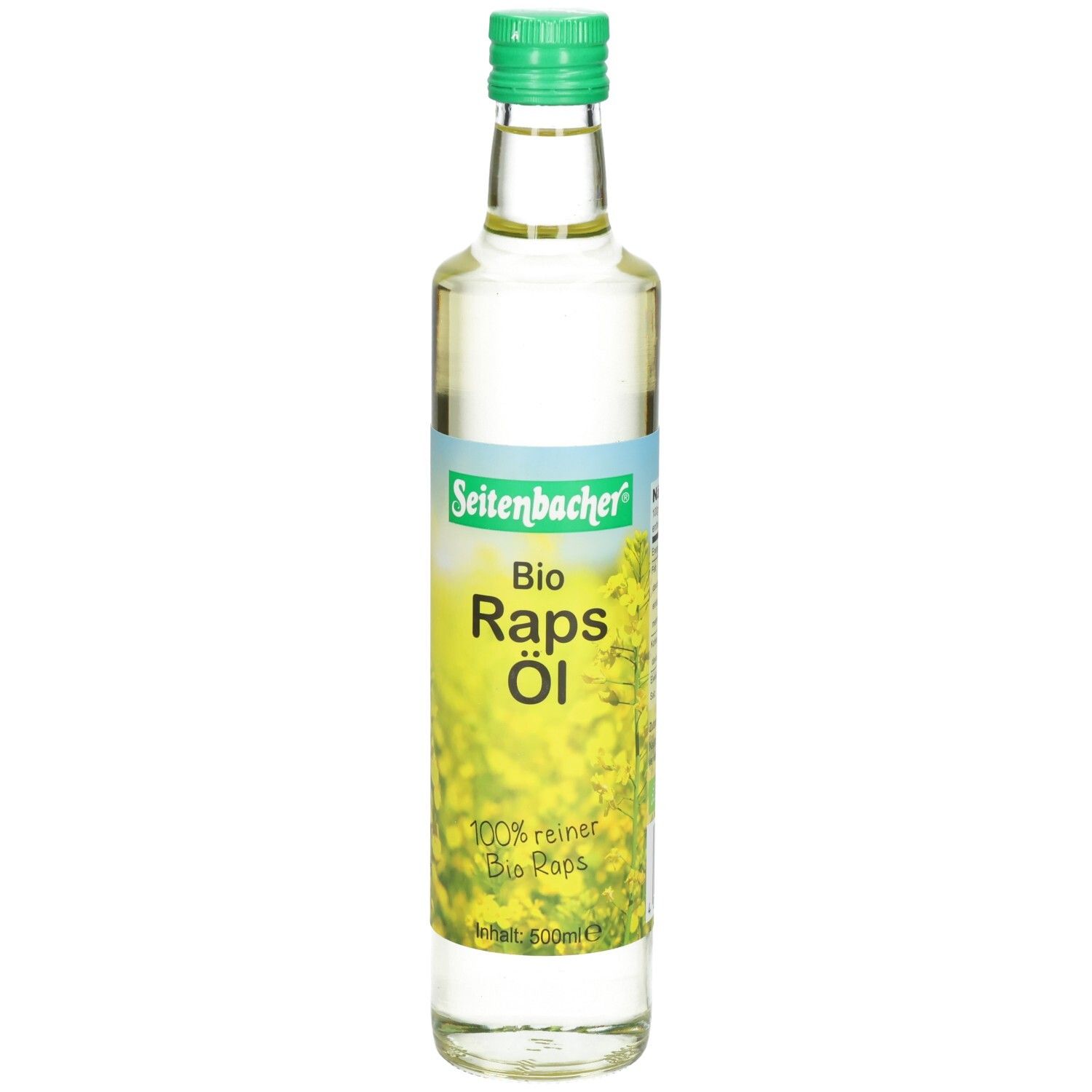 Klare Glasflasche mit grünem Deckel. Etikett mit "Seitenbacher Bio Raps Öl". Hintergrund mit gelben Blüten.