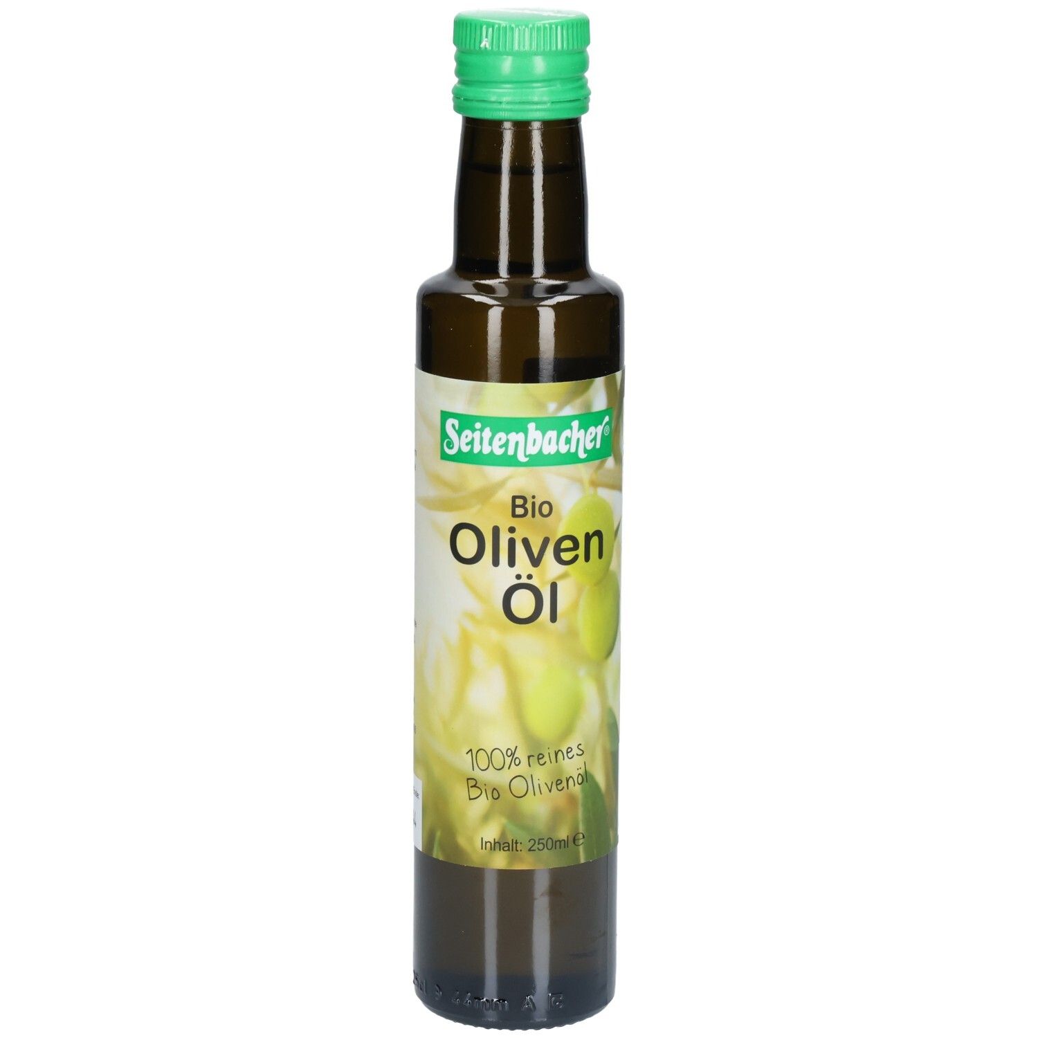 Braune Glasflasche mit grünem Deckel. Etikett mit "Seitenbacher Bio Oliven Öl".