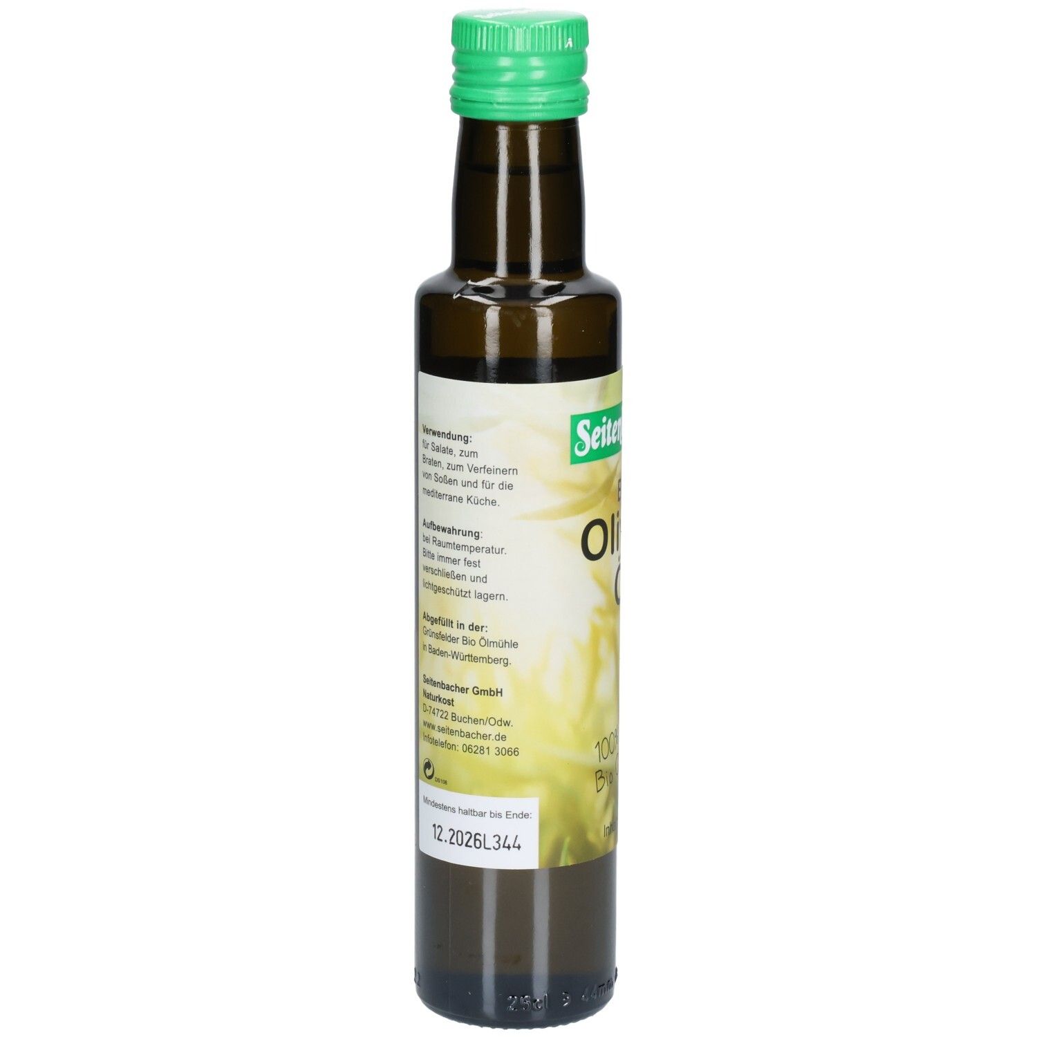 Braune Glasflasche mit grünem Deckel. Rückseite mit Text und Etikettinformationen.