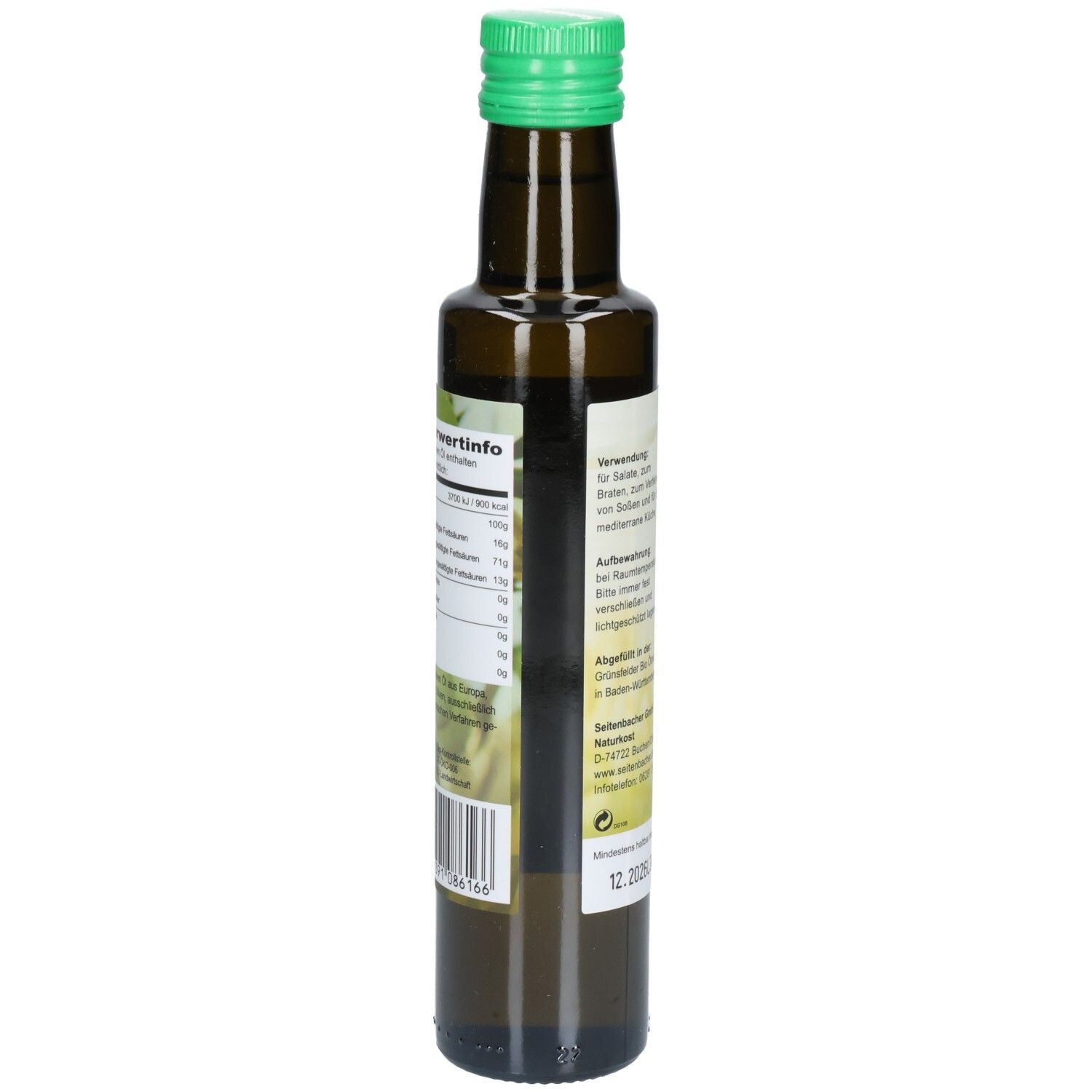 Braune Glasflasche mit grünem Deckel. Rückseite mit Nährwertinformationen und Text.