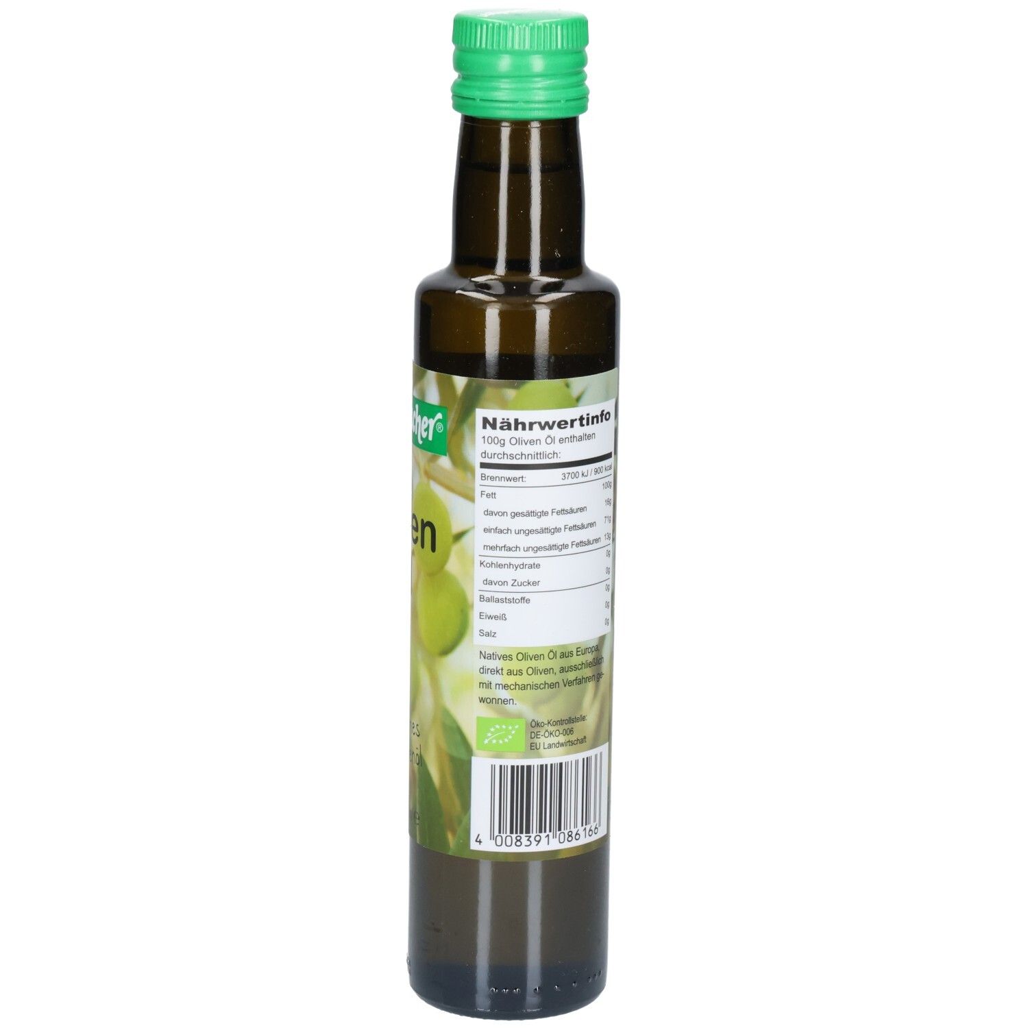 Braune Glasflasche mit grünem Deckel. Rückseite mit Nährwertangaben und Text.