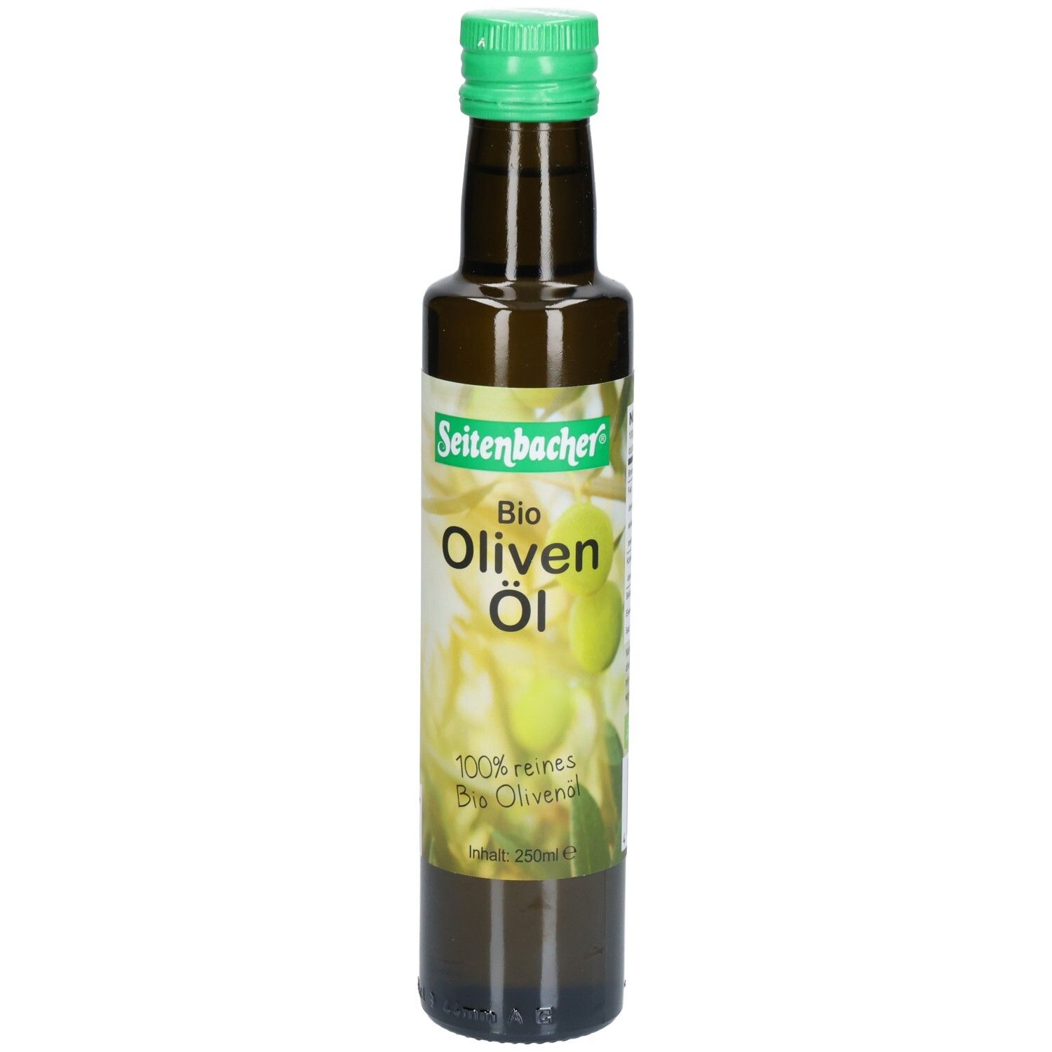 Braune Glasflasche mit grünem Deckel. Etikett mit "Seitenbacher Bio Oliven Öl".