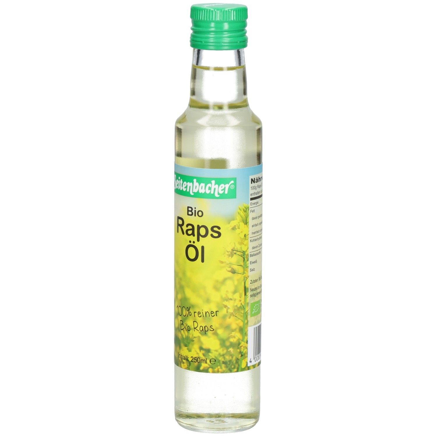 Klare Glasflasche mit grünem Deckel. Etikett mit "Seitenbacher Bio Raps Öl" und gelbem Blumenmuster.
