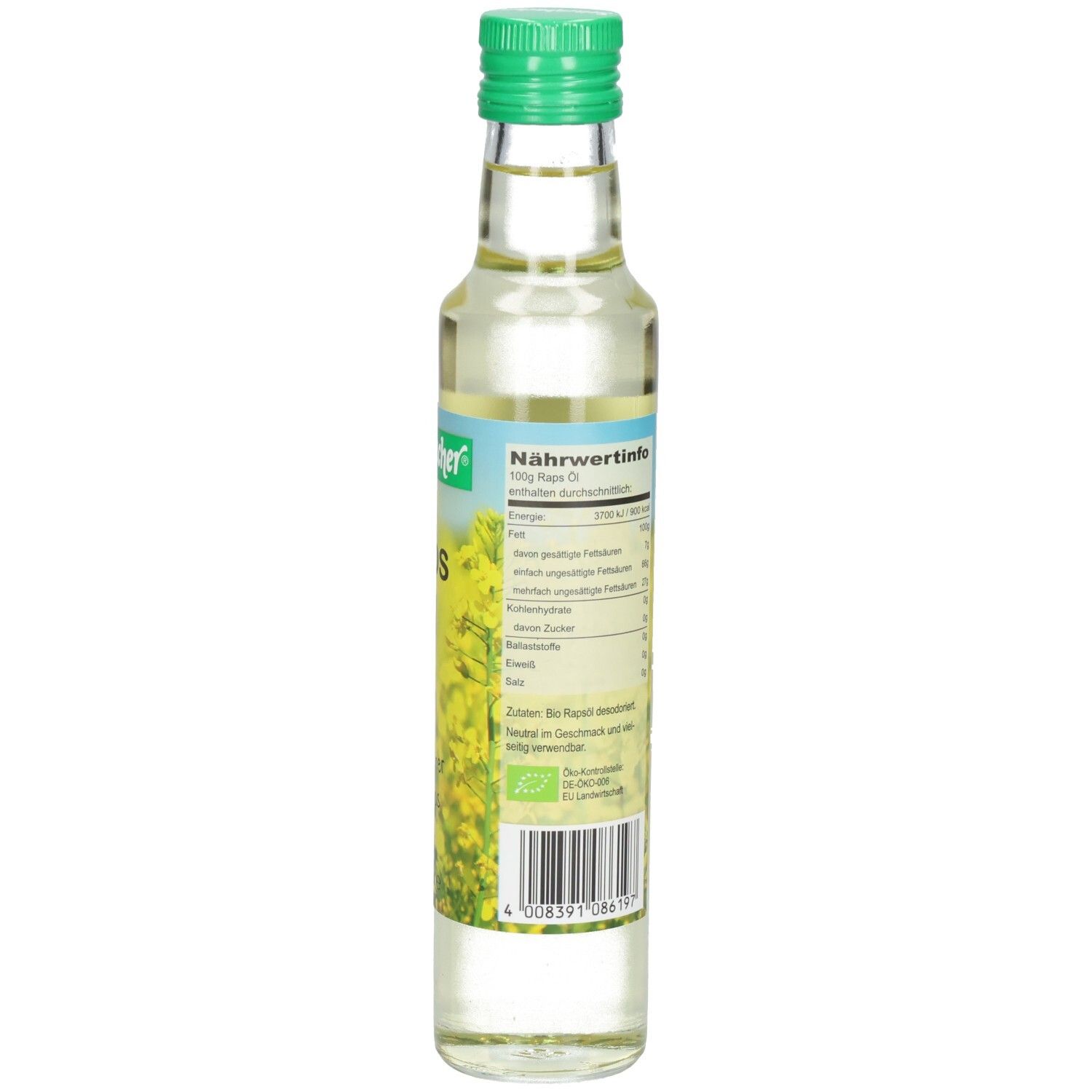 Rückansicht der Ölflasche. Etikett mit Nährwertinformationen und Barcode.