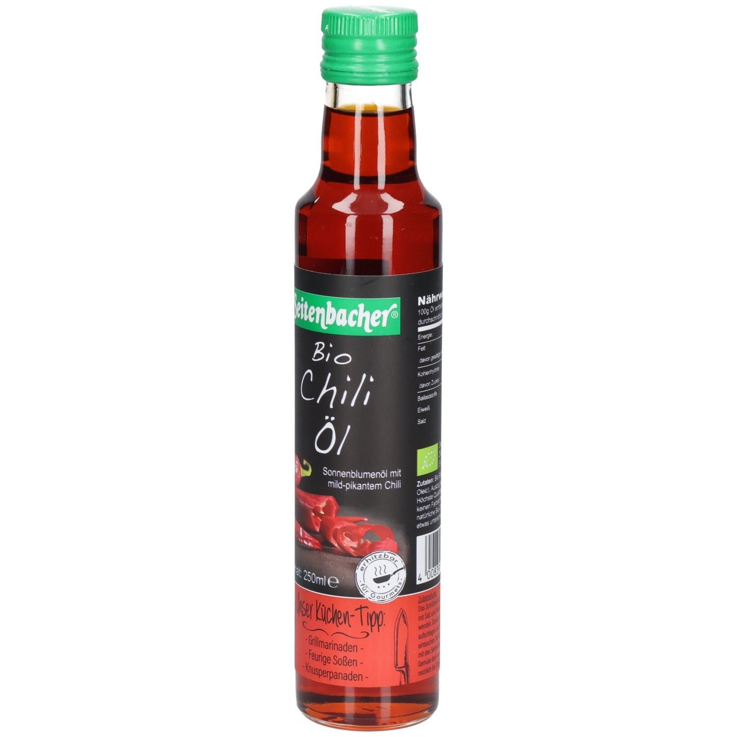 Glasflasche mit grünem Deckel. Etikett mit Produktnamen und Chili-Abbildung. Enthält Bio Chili Öl.