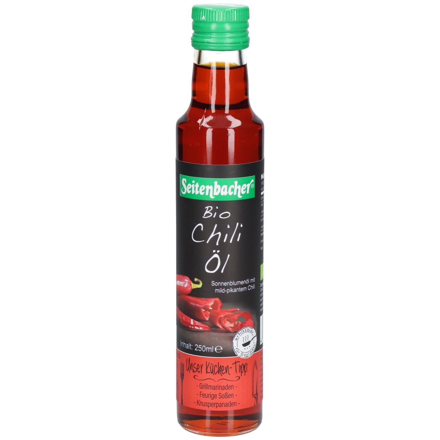 Glasflasche mit grünem Deckel. Etikett mit Produktnamen und Chili-Abbildung. Enthält Bio Chili Öl.