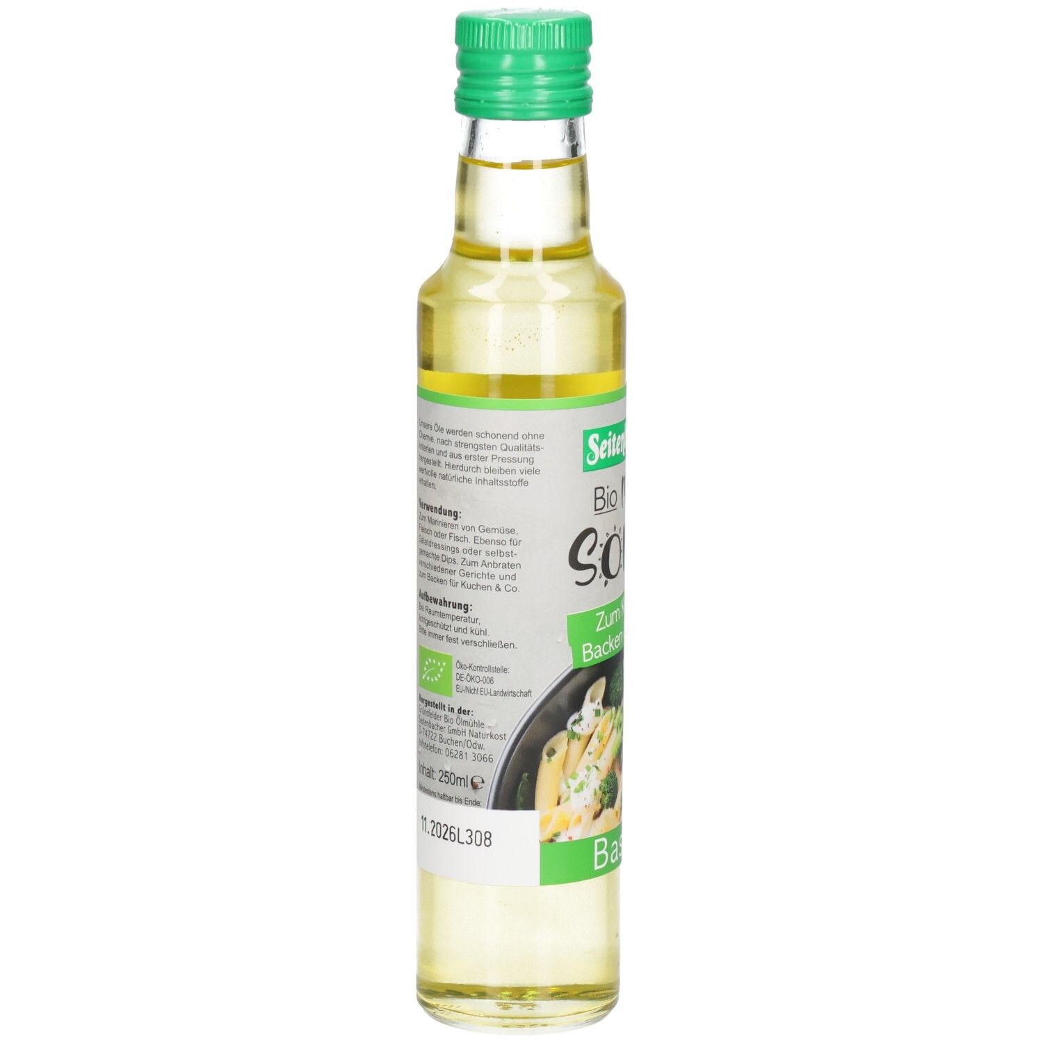 Glasflasche mit grünem Deckel. Etikett mit Produktinformationen und Text. Bio-Siegel sichtbar.