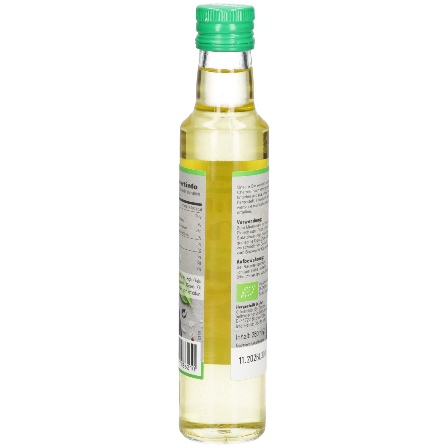 Glasflasche mit grünem Deckel. Rückseite mit Produktinformationen und Text. Bio-Siegel sichtbar.