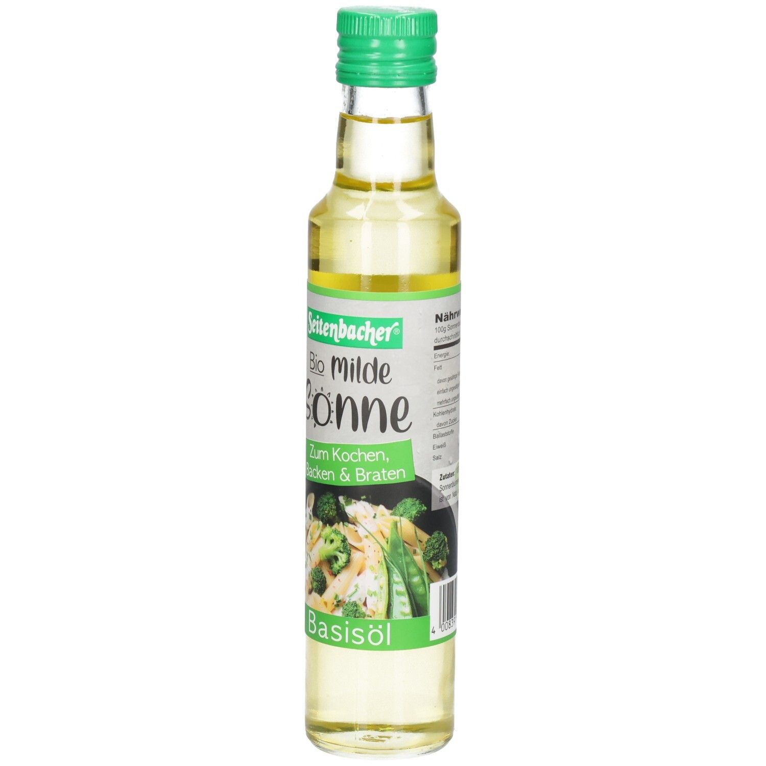 Glasflasche mit grünem Deckel. Etikett mit Produktname: Bio milde Sonne, Basisöl. Abbildung von Gemüse.