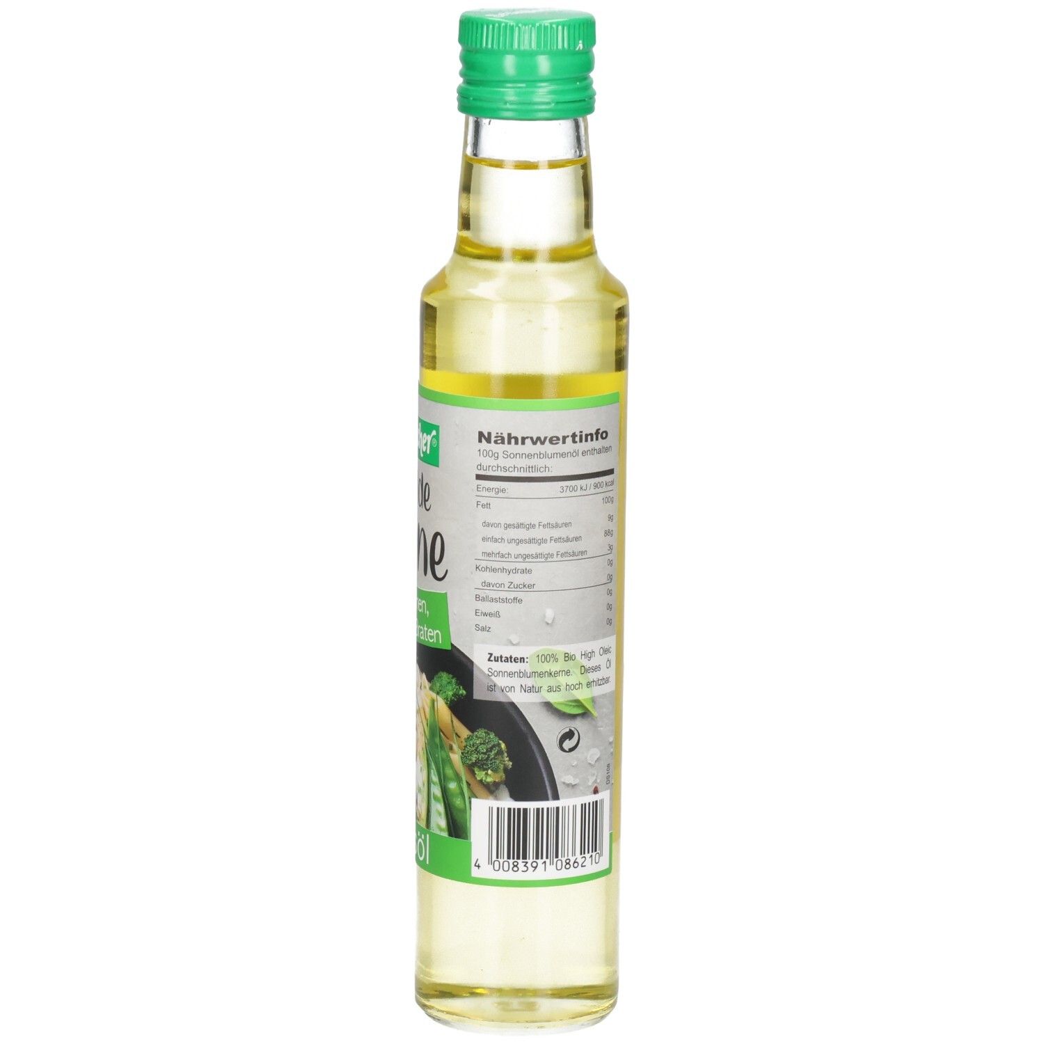 Glasflasche mit grünem Deckel. Rückseite mit Nährwertinformationen und Text. Bio-Siegel sichtbar.