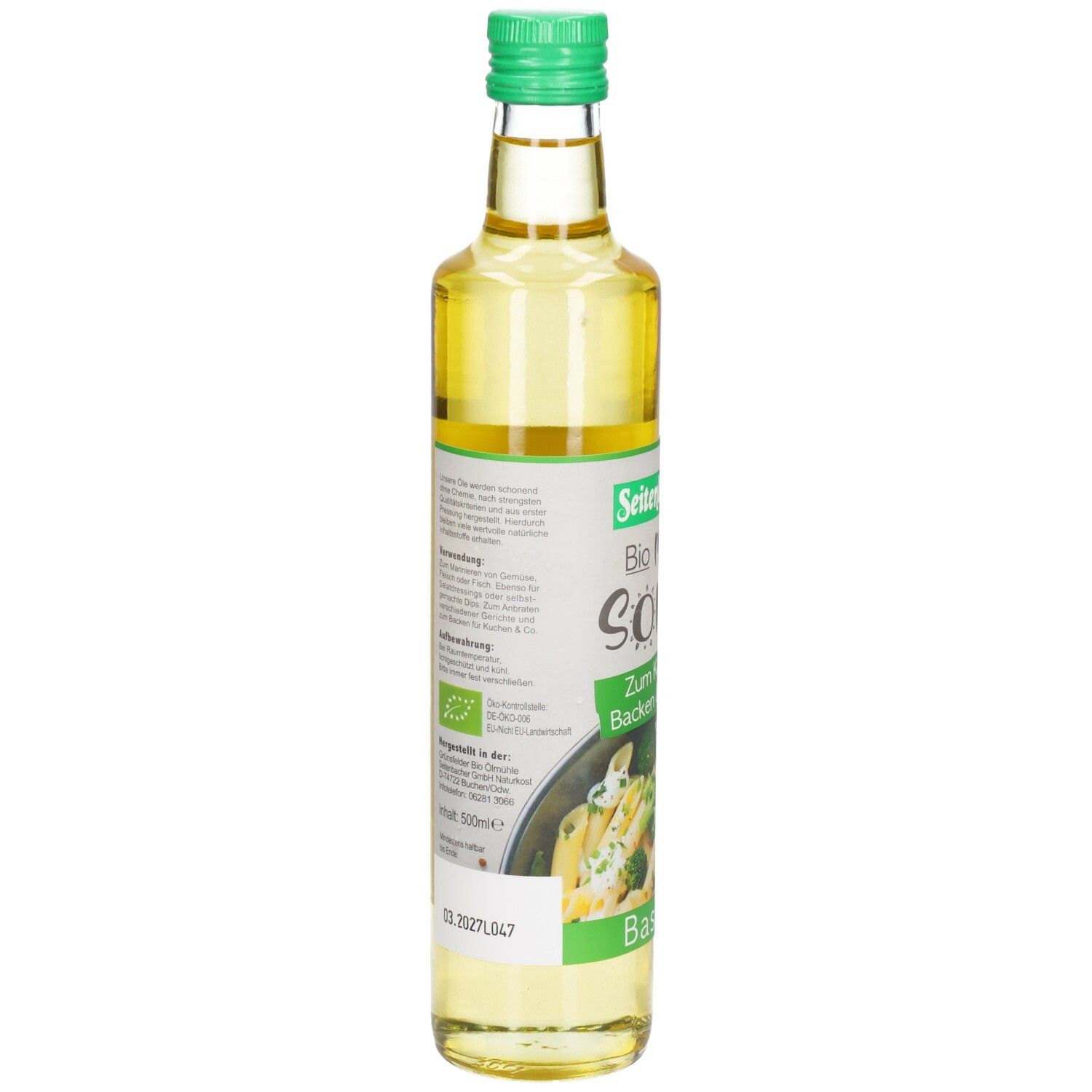 Glasflasche mit grünem Deckel. Etikett mit Produktinformationen und Bio-Siegel. Basisöl.