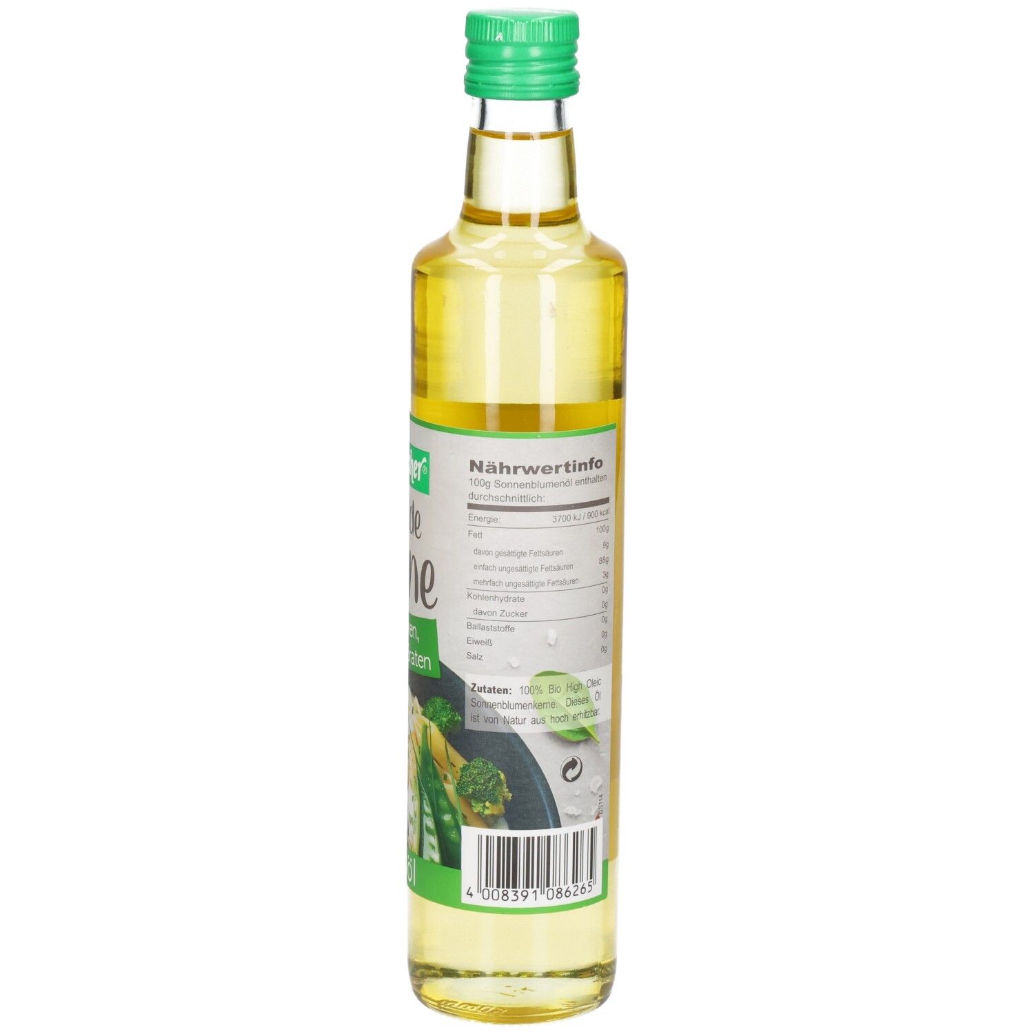 Glasflasche mit grünem Deckel. Etikett mit Nährwertangaben. Basisöl.